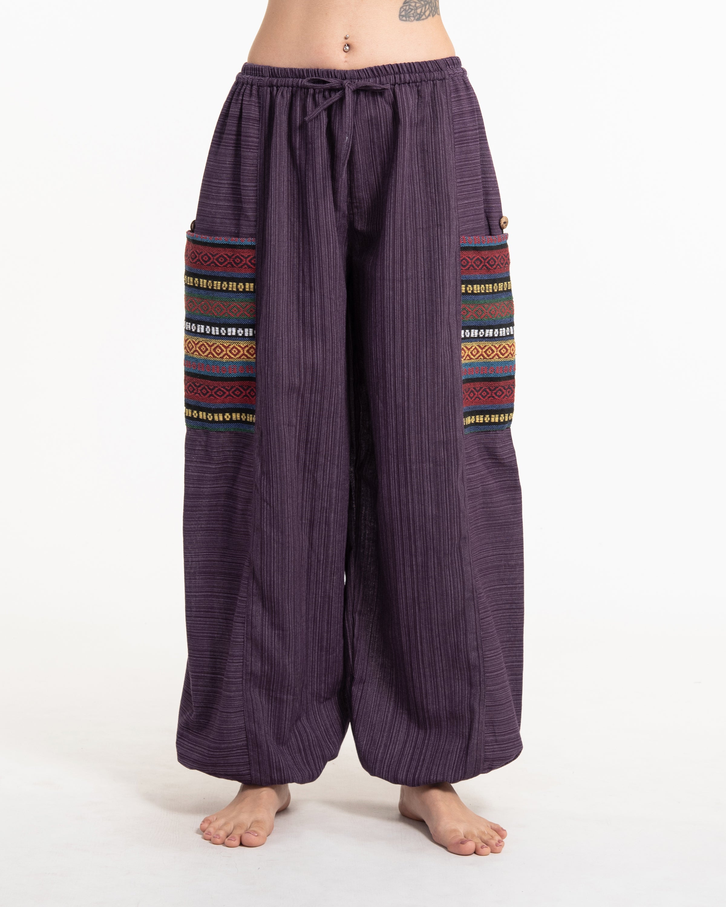 Women's Drawstring Pinstripes Cotton Pants with Aztec Pocket in Purple