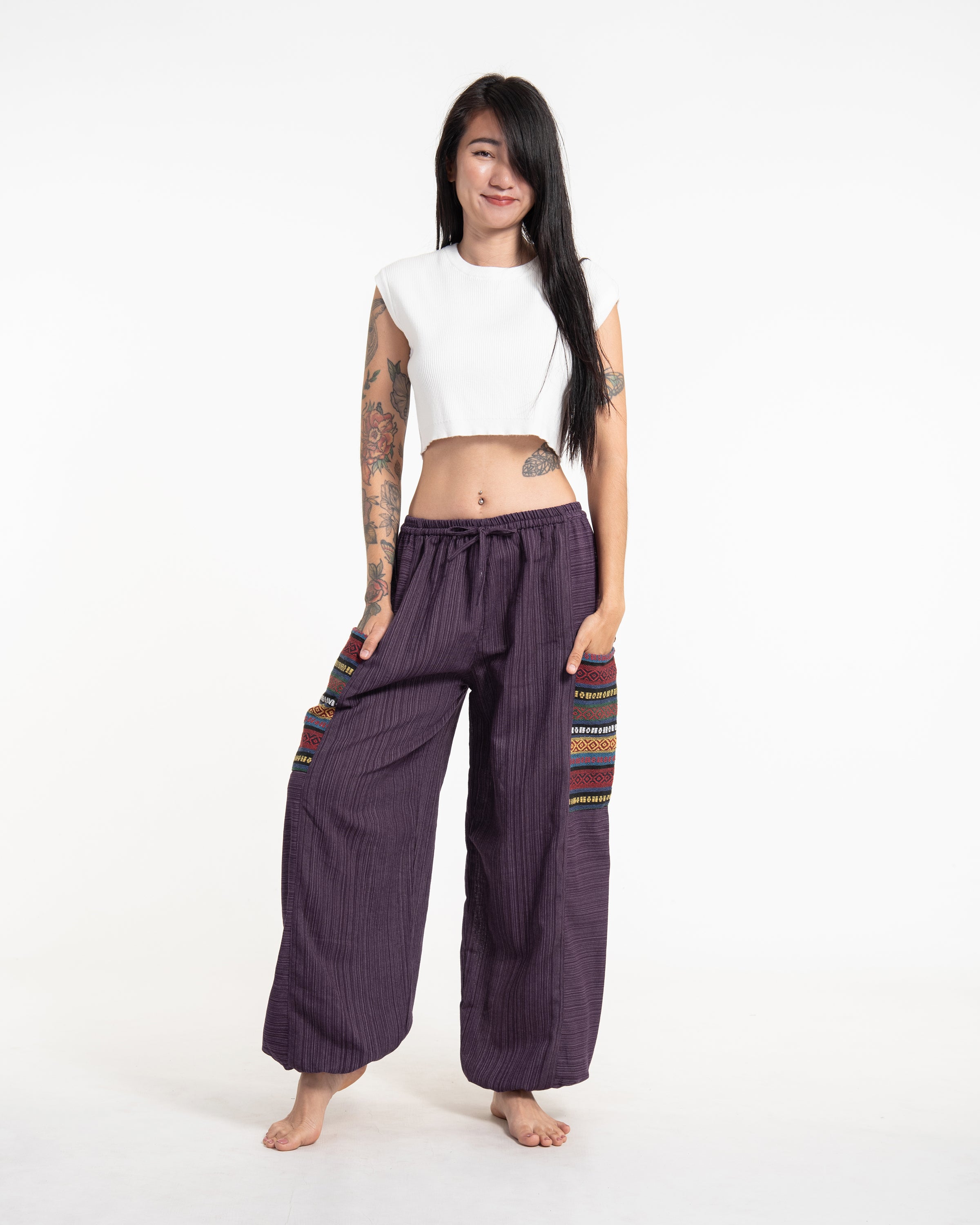 Women's Drawstring Pinstripes Cotton Pants with Aztec Pocket in Purple