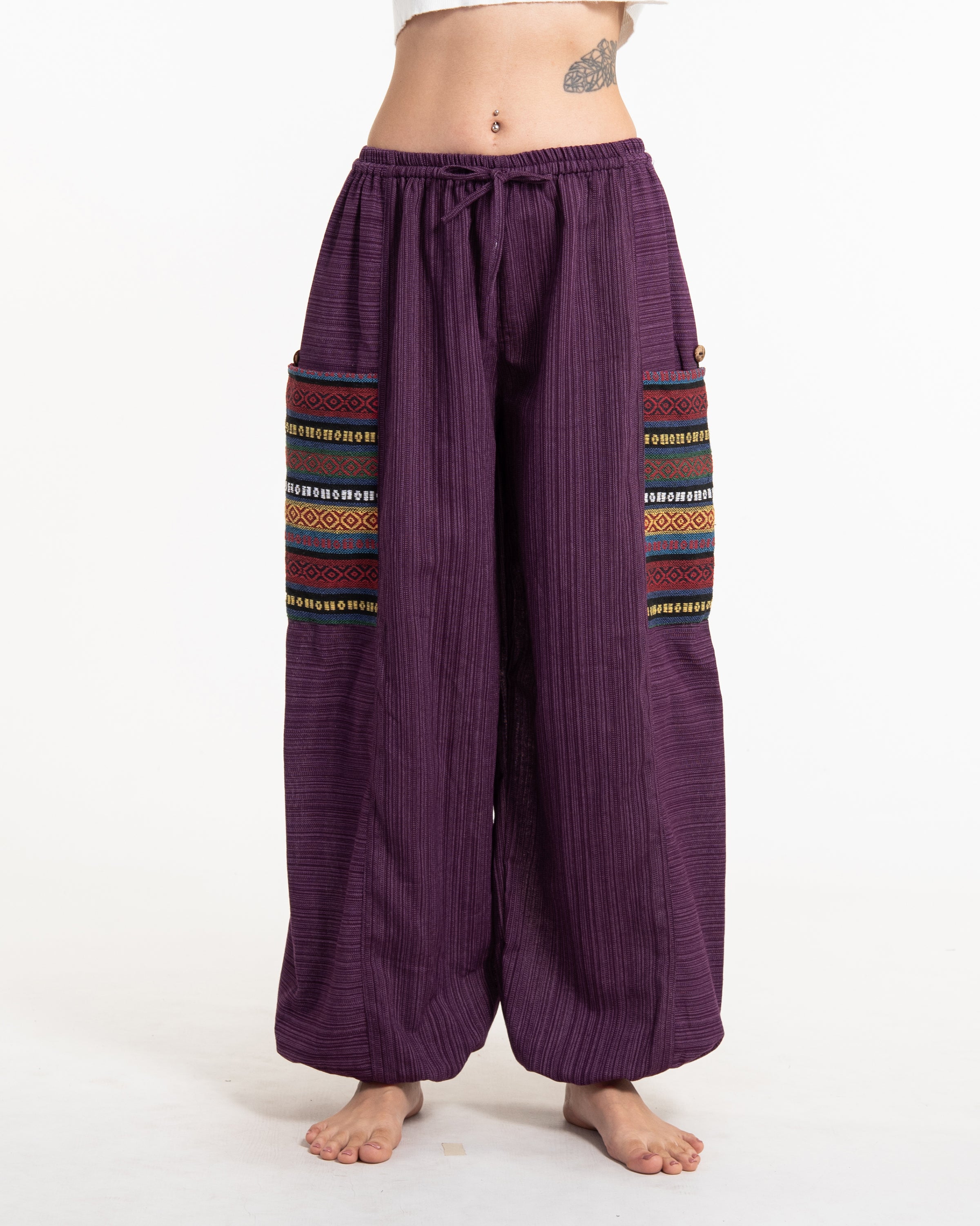 Women's Drawstring Pinstripes Cotton Pants with Aztec Pocket in Purple