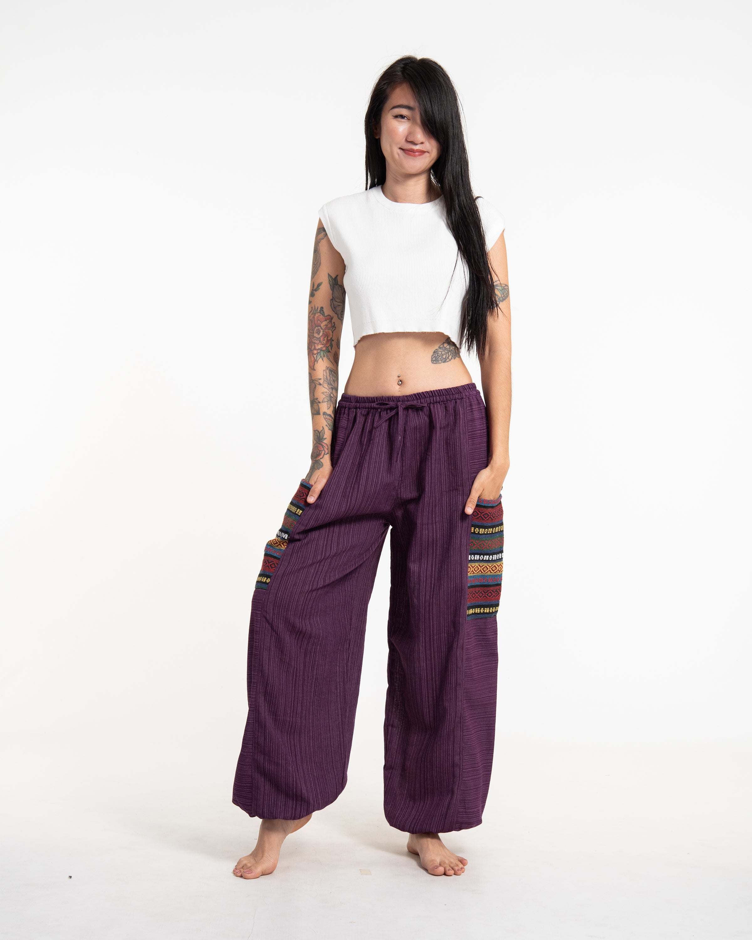 Women's Drawstring Pinstripes Cotton Pants with Aztec Pocket in Purple