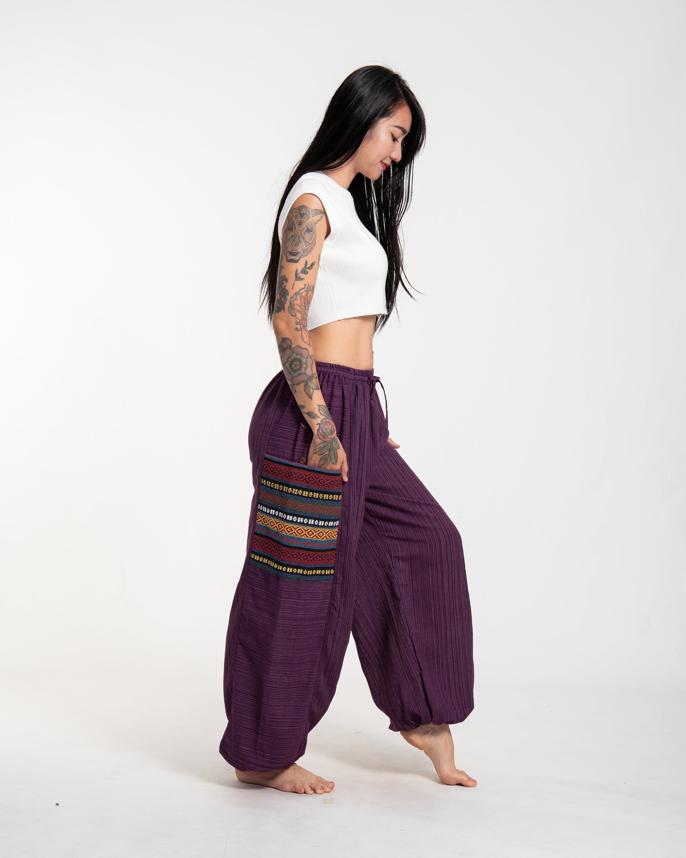 Women's Drawstring Pinstripes Cotton Pants with Aztec Pocket in Purple