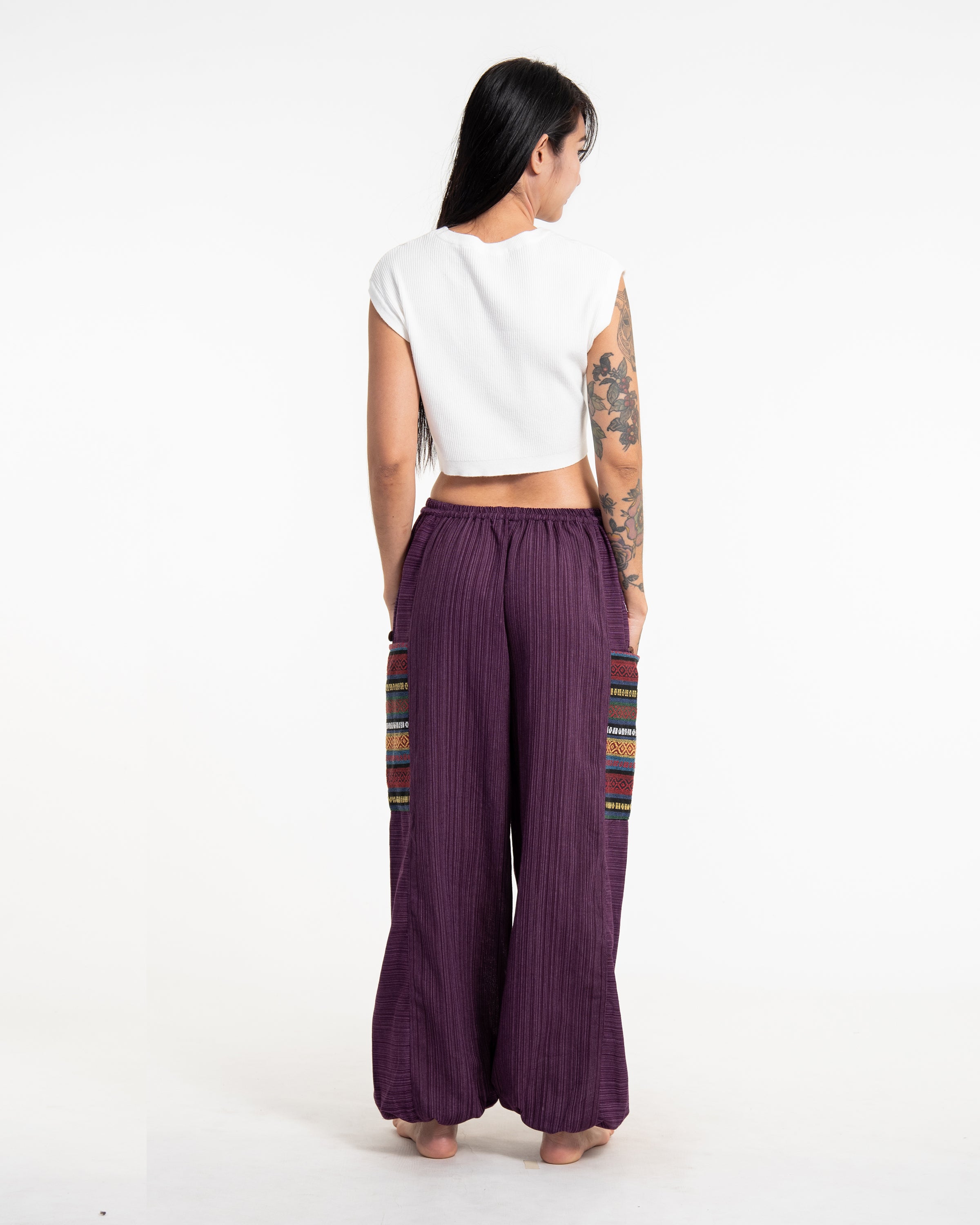 Women's Drawstring Pinstripes Cotton Pants with Aztec Pocket in Purple
