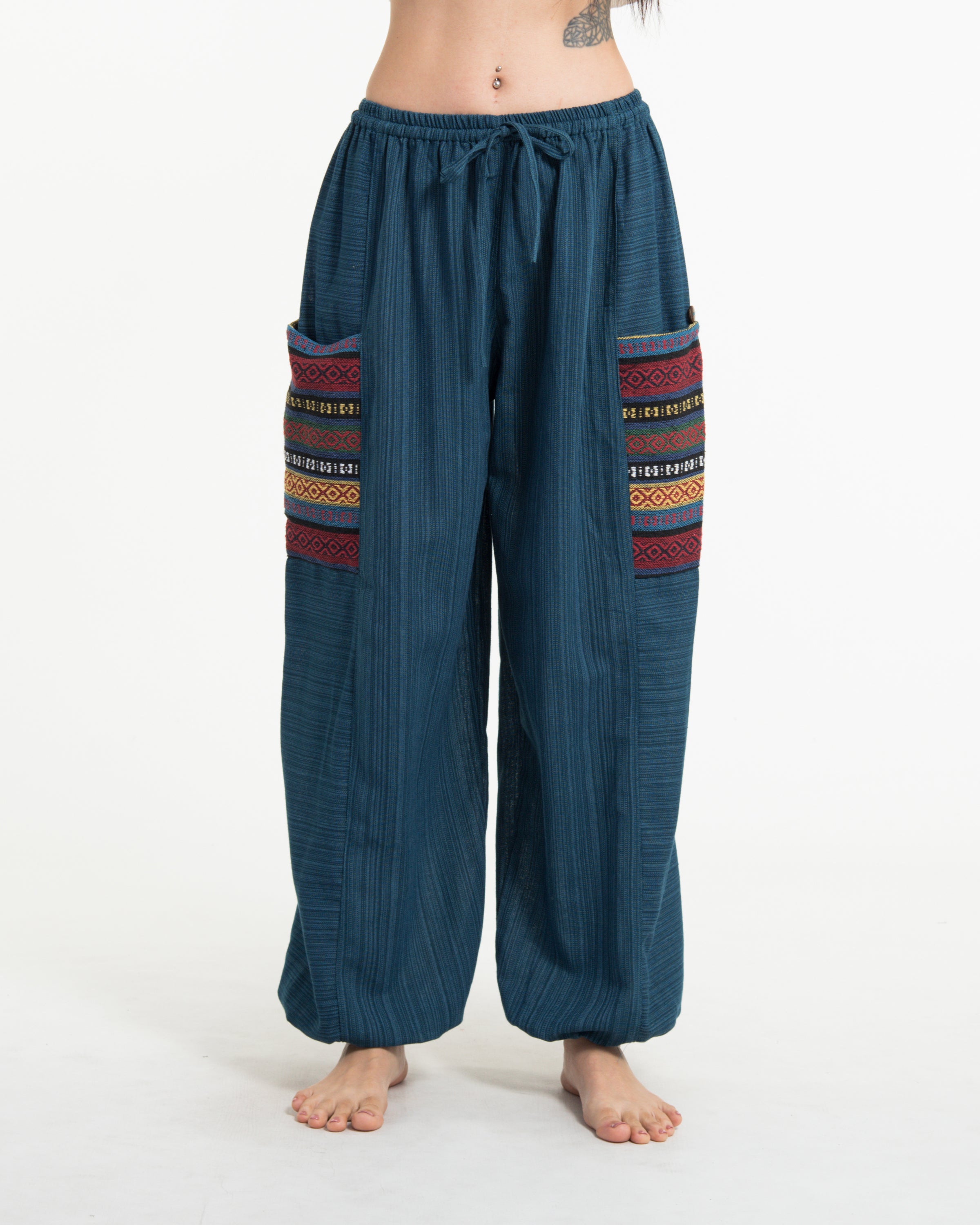 Women's Drawstring Pinstripes Cotton Pants with Aztec Pocket in Turquoise