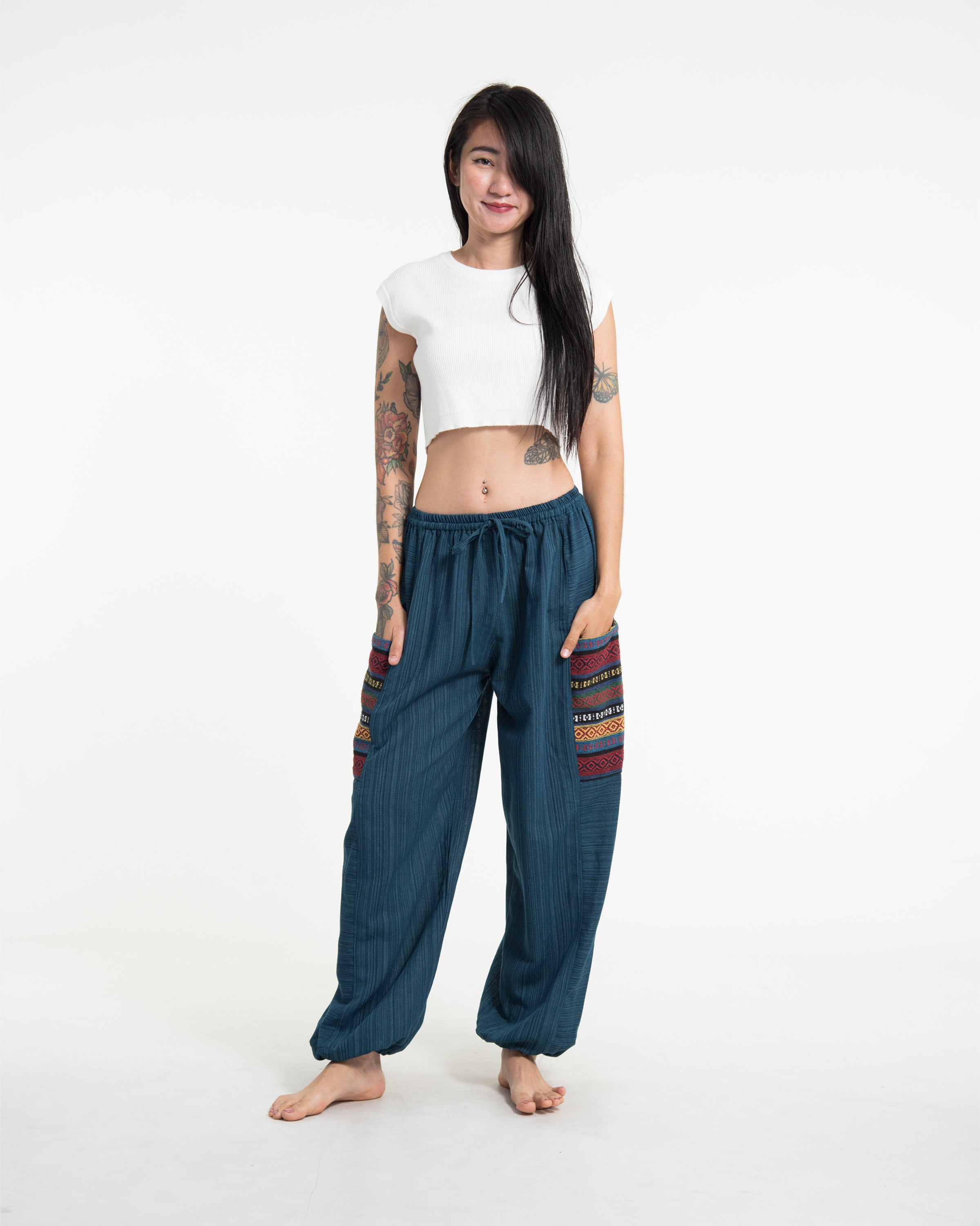 Women's Drawstring Pinstripes Cotton Pants with Aztec Pocket in Turquoise