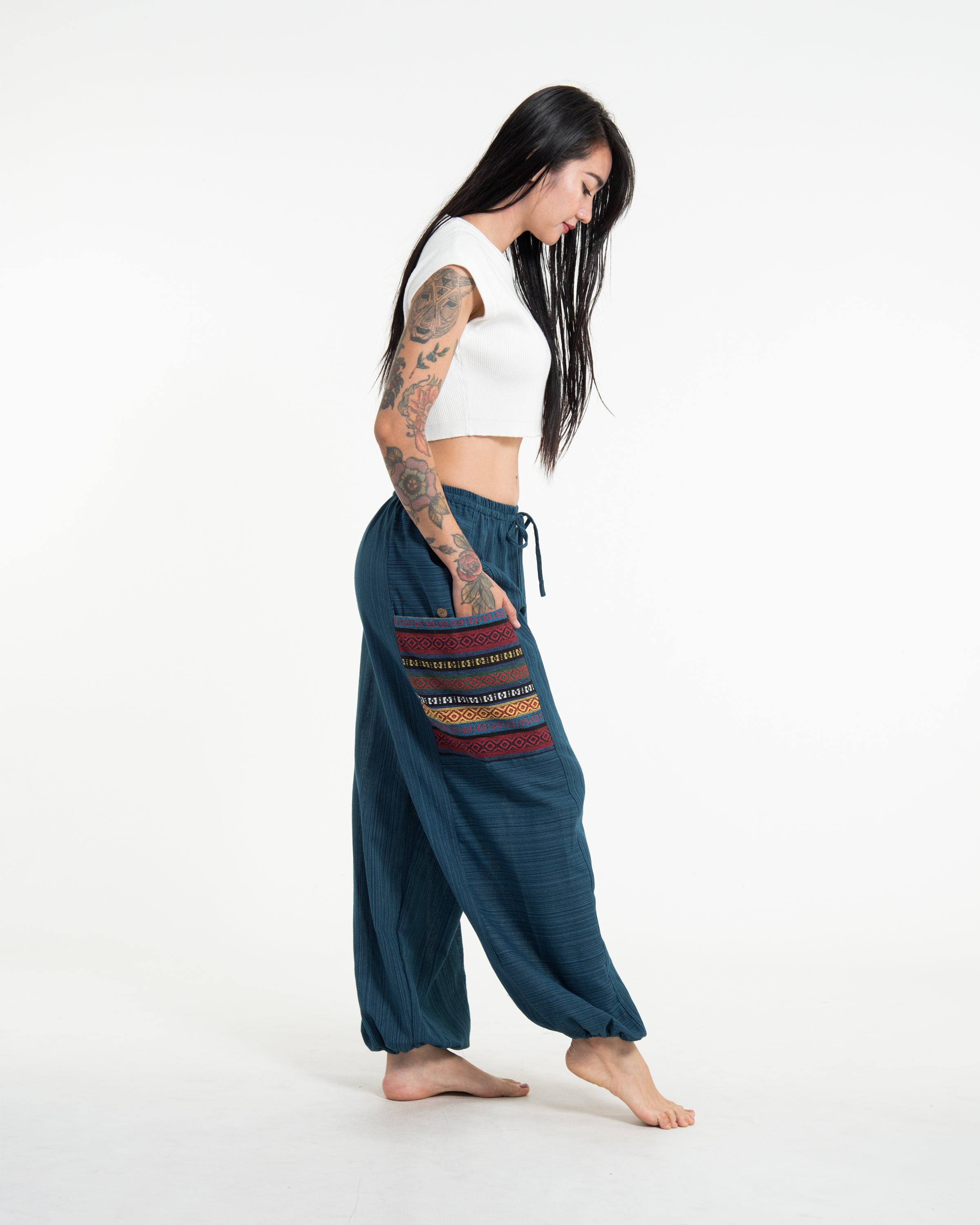 Women's Drawstring Pinstripes Cotton Pants with Aztec Pocket in Turquoise