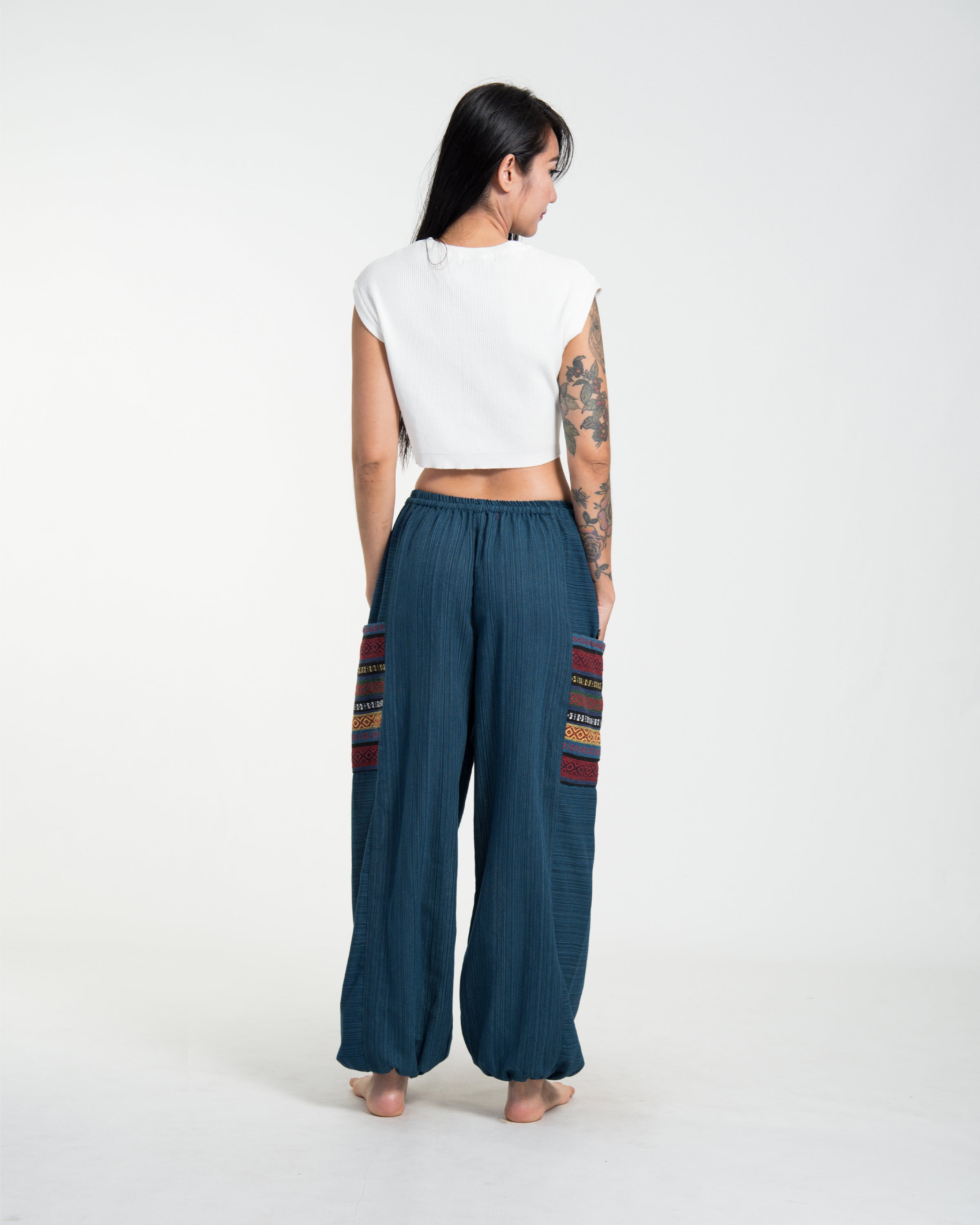 Women's Drawstring Pinstripes Cotton Pants with Aztec Pocket in Turquoise