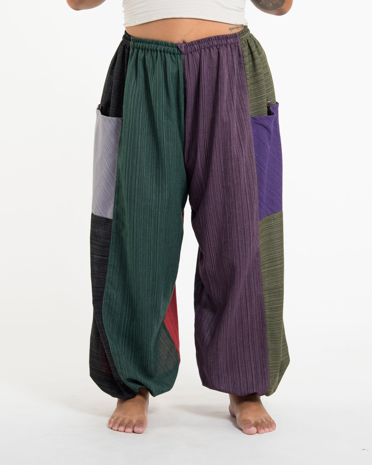 Plus Size Women's Drawstring Patchwork Pinstripes Cotton Pants