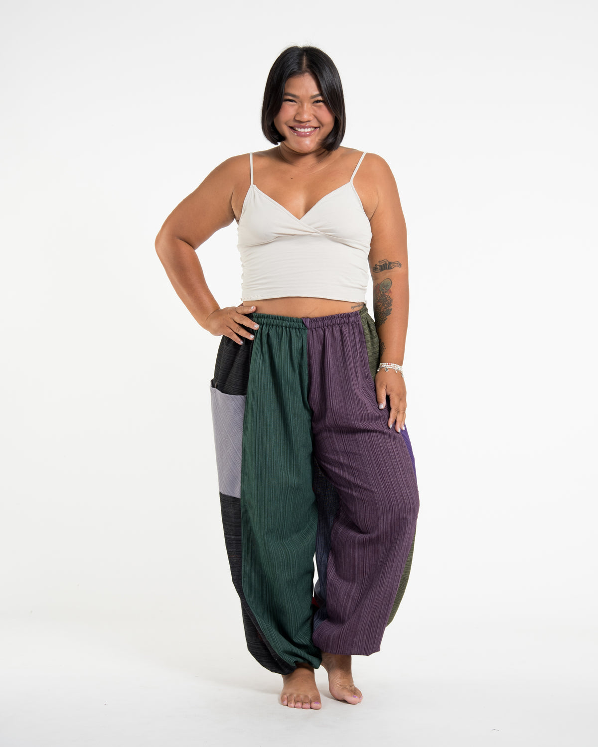 Plus Size Women's Drawstring Patchwork Pinstripes Cotton Pants