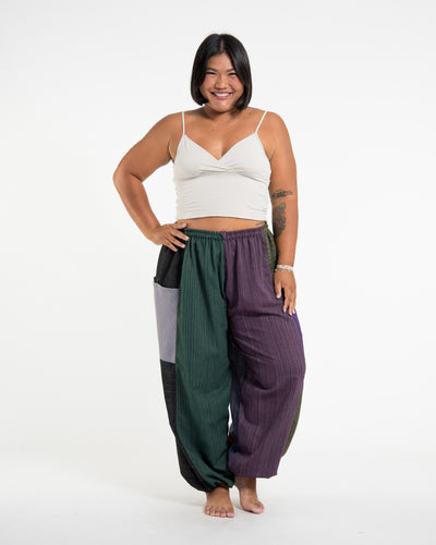 Plus Size Women's Drawstring Patchwork Pinstripes Cotton Pants