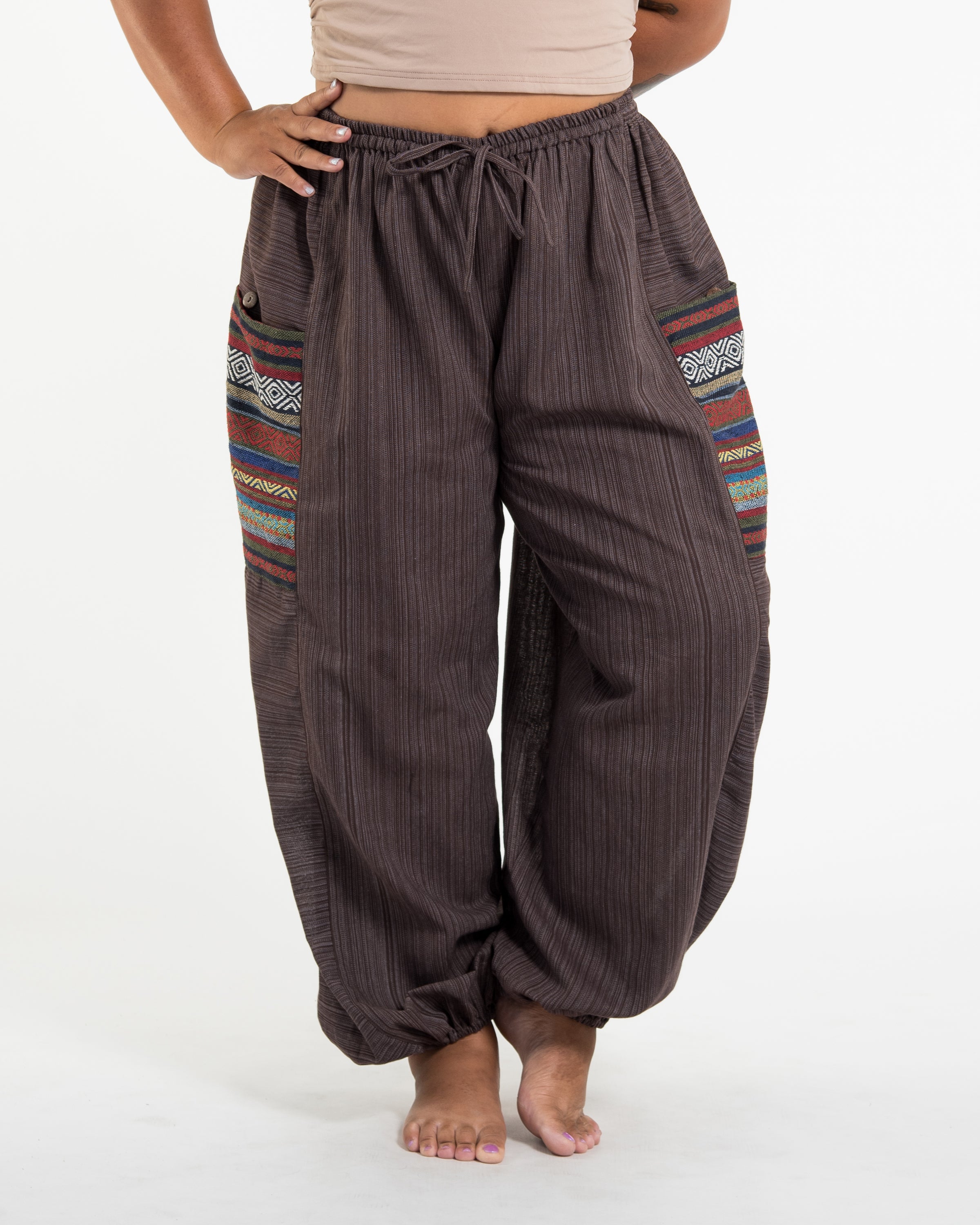 Plus Size Women's Drawstring Pinstripes Cotton Pants with Aztec Pocket in Brown