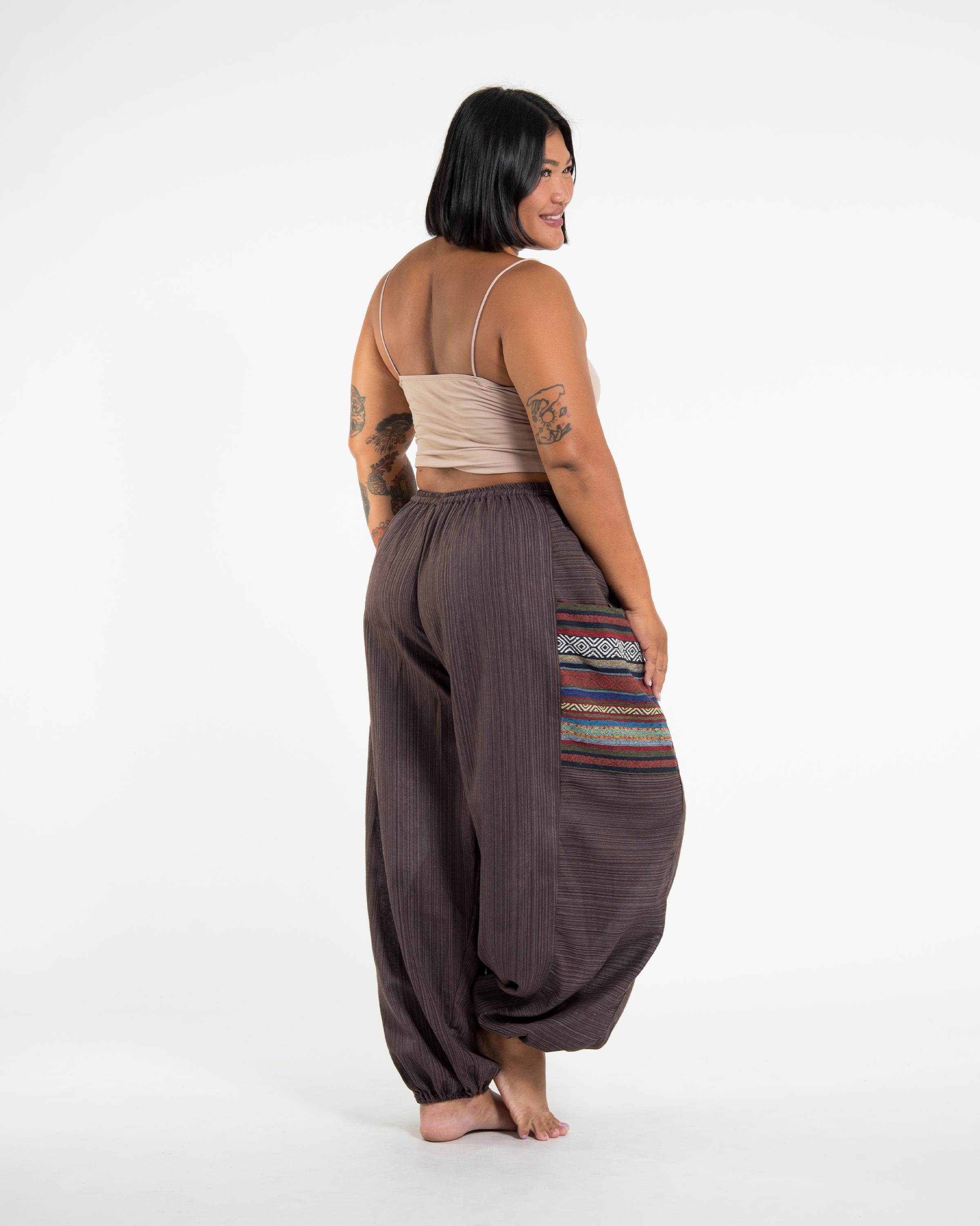 Plus Size Women's Drawstring Pinstripes Cotton Pants with Aztec Pocket in Brown