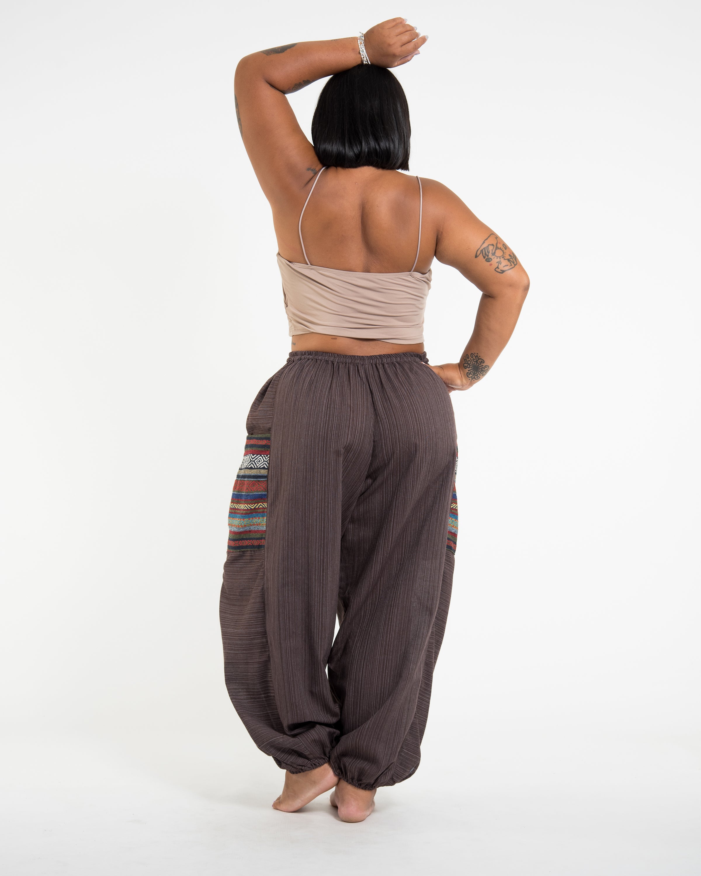 Plus Size Women's Drawstring Pinstripes Cotton Pants with Aztec Pocket in Brown