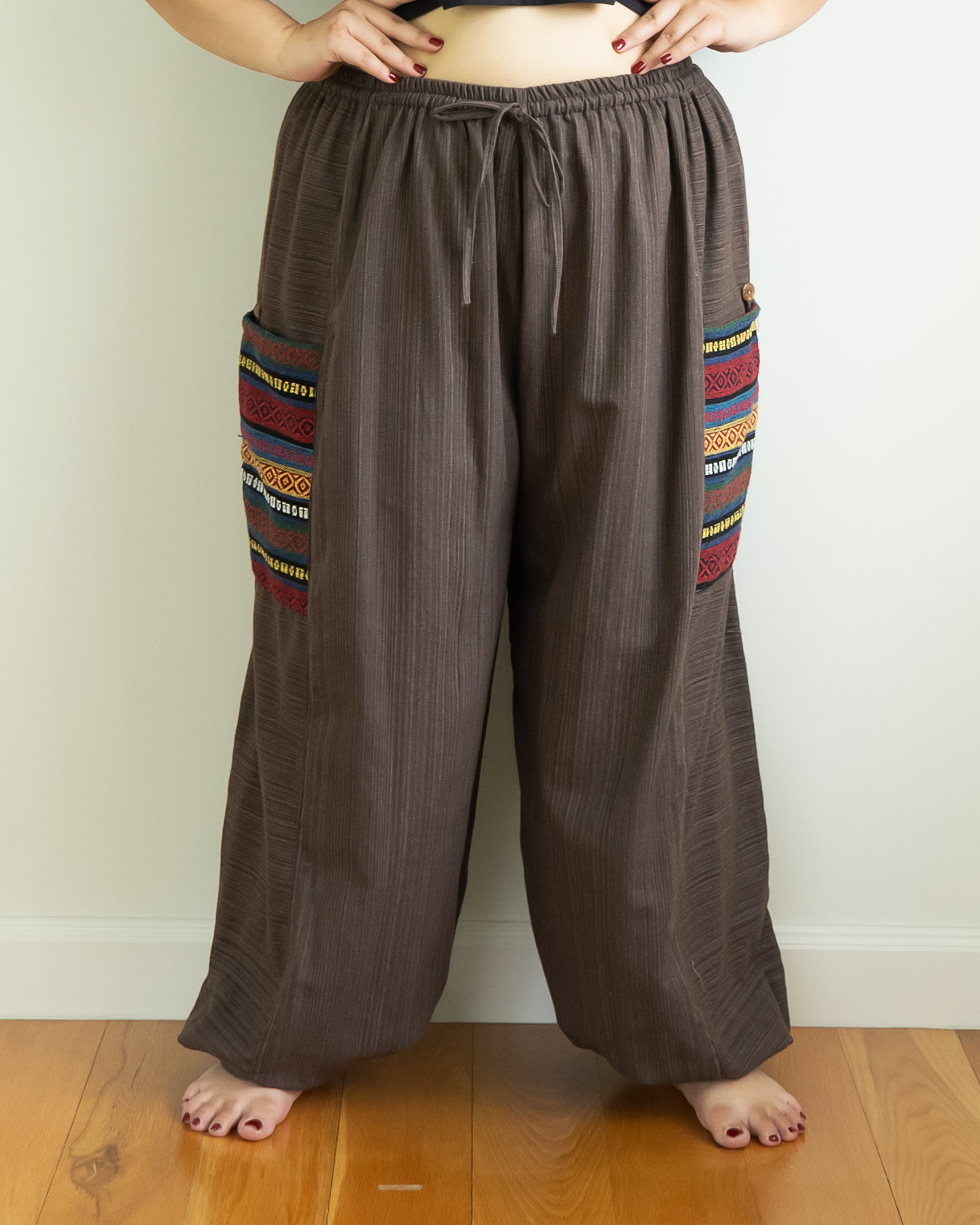 Plus Size Women's Drawstring Pinstripes Cotton Pants with Aztec Pocket in Brown