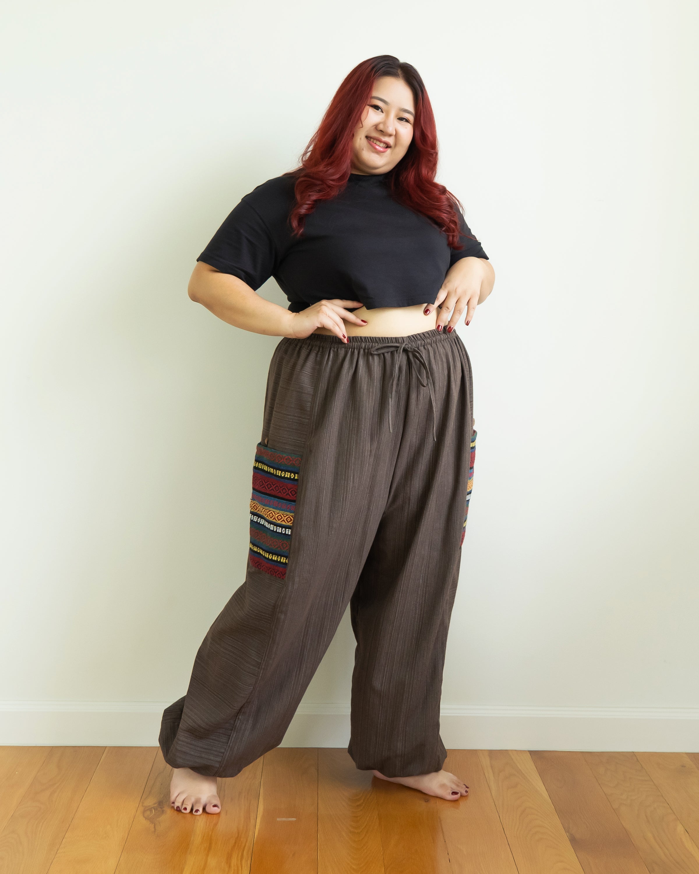 Plus Size Women's Drawstring Pinstripes Cotton Pants with Aztec Pocket in Brown