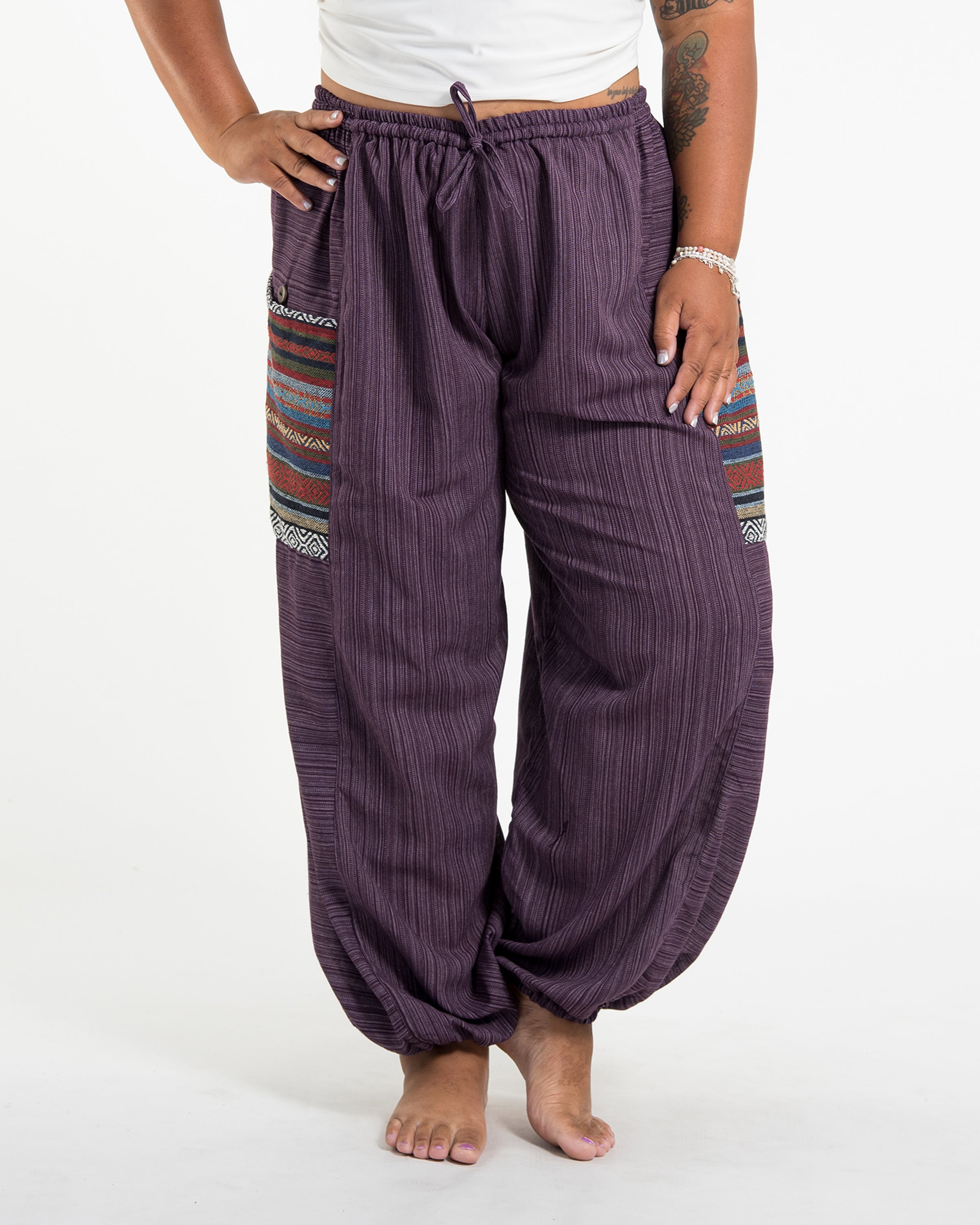 Plus Size Women's Drawstring Pinstripes Cotton Pants with Aztec Pocket in Purple
