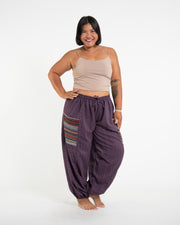 Plus Size Women's Drawstring Pinstripes Cotton Pants with Aztec Pocket in Purple