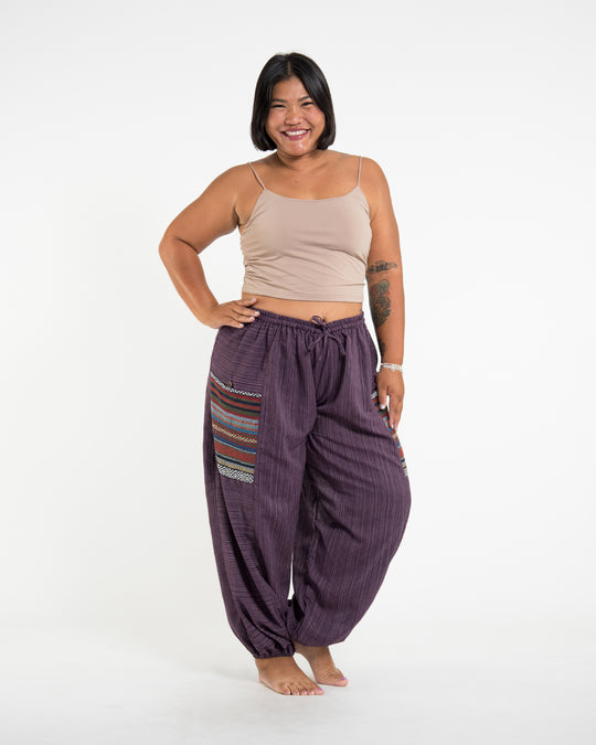 Plus Size Women's Drawstring Pinstripes Cotton Pants with Aztec Pocket in Purple