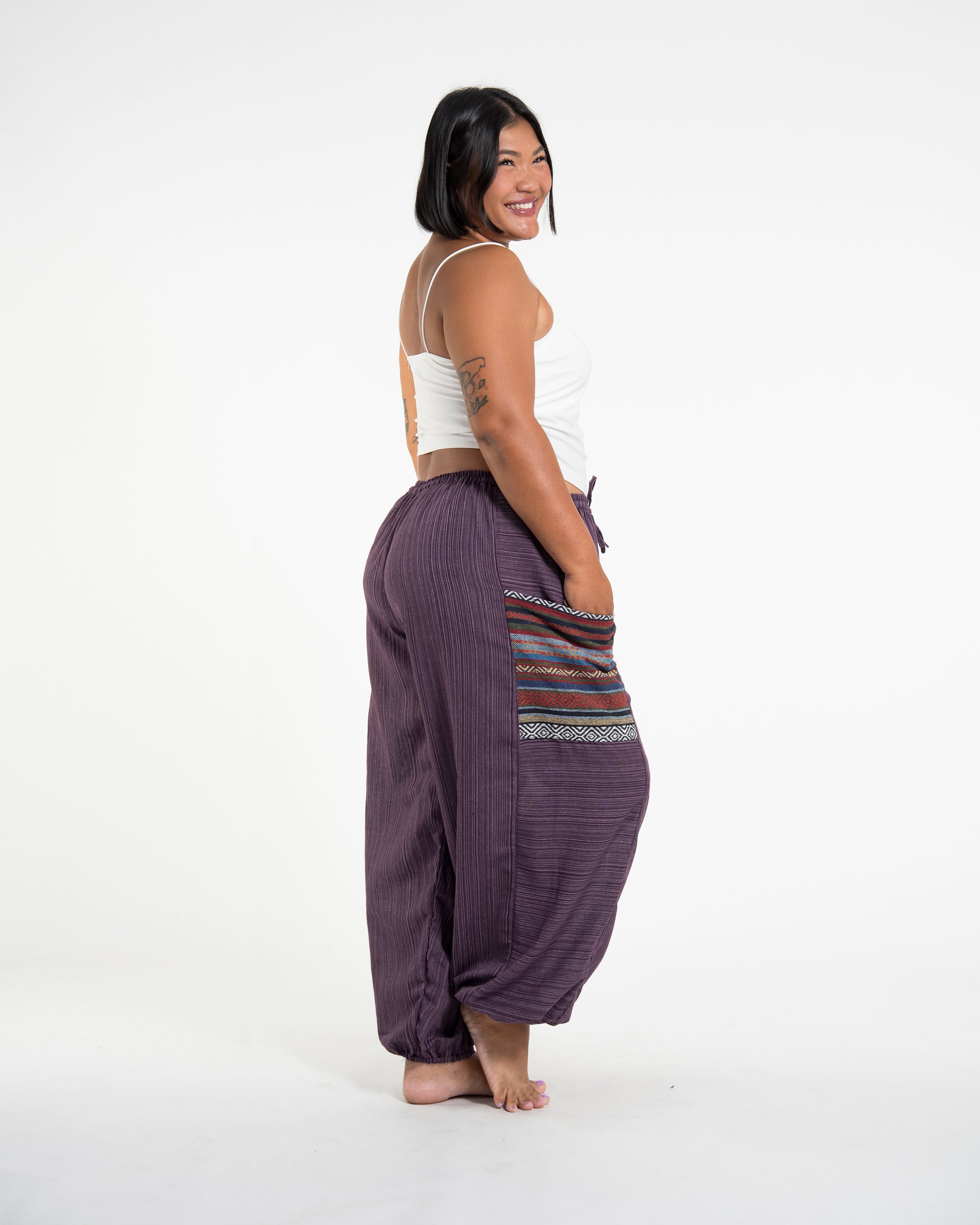 Plus Size Women's Drawstring Pinstripes Cotton Pants with Aztec Pocket in Purple
