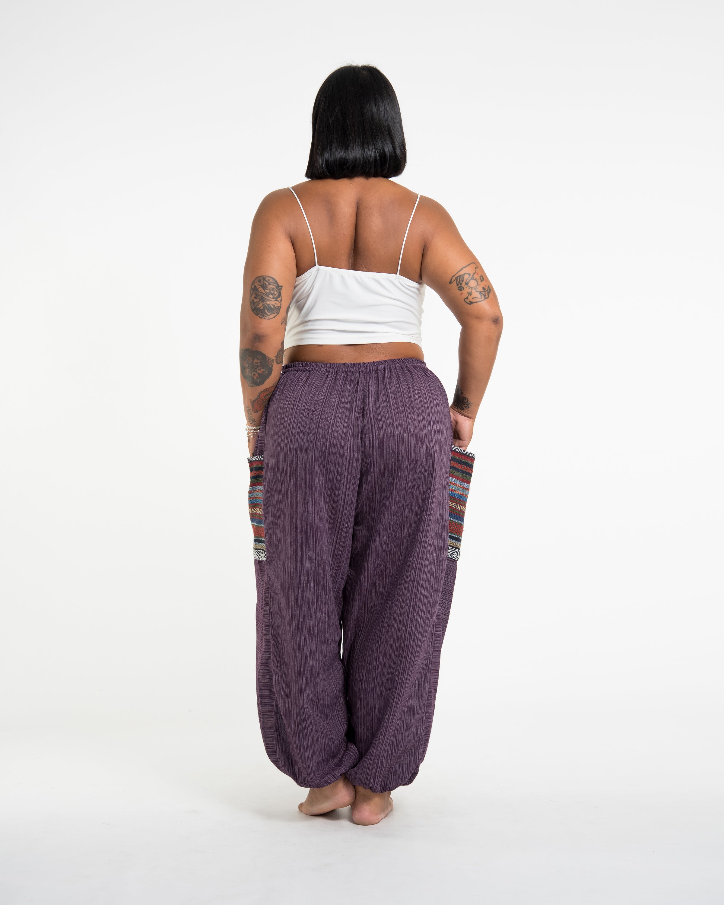Plus Size Women's Drawstring Pinstripes Cotton Pants with Aztec Pocket in Purple