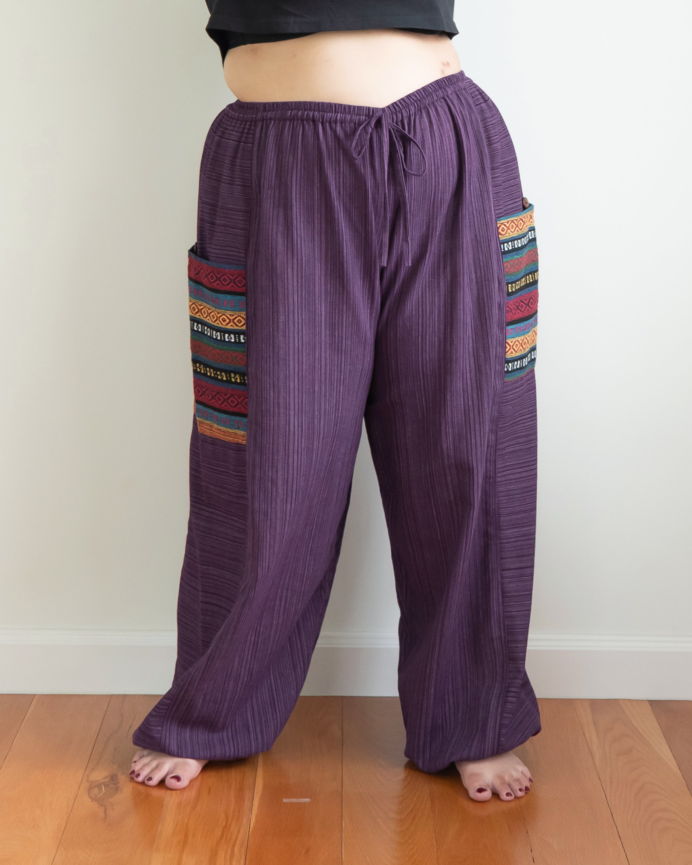 Plus Size Women's Drawstring Pinstripes Cotton Pants with Aztec Pocket in Purple