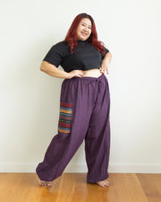 Plus Size Women's Drawstring Pinstripes Cotton Pants with Aztec Pocket in Purple