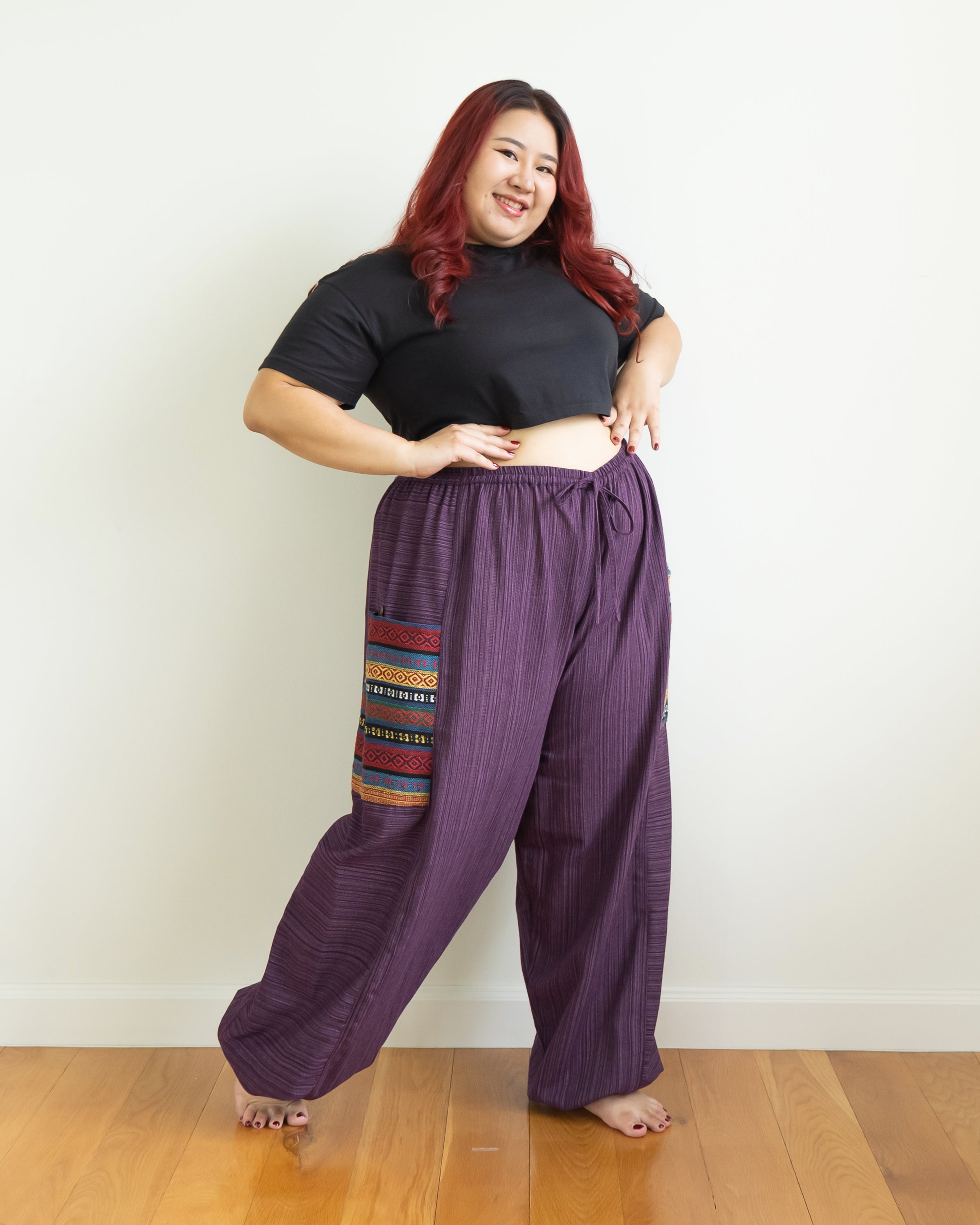 Plus Size Women's Drawstring Pinstripes Cotton Pants with Aztec Pocket in Purple