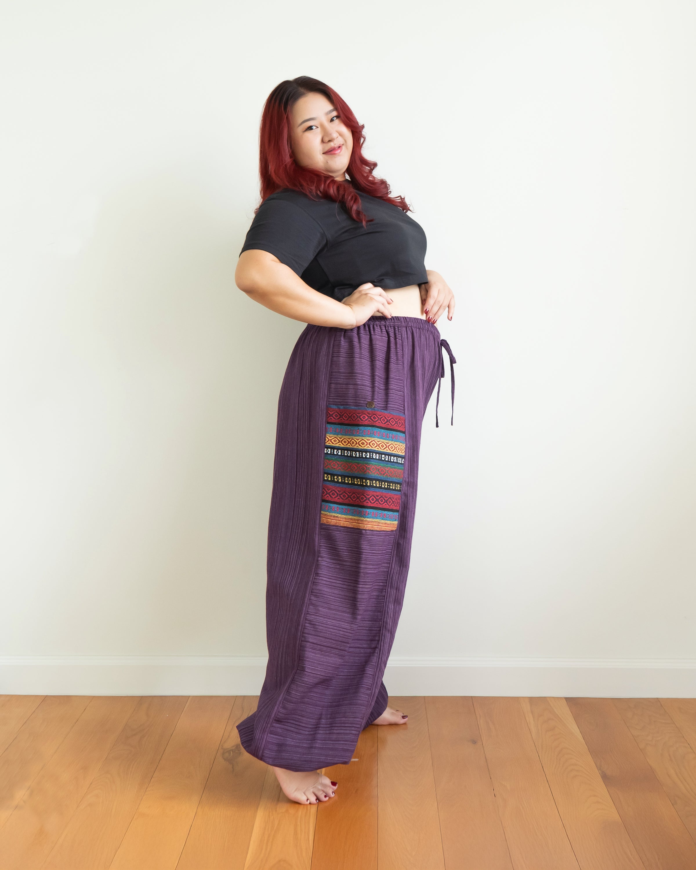 Plus Size Women's Drawstring Pinstripes Cotton Pants with Aztec Pocket in Purple