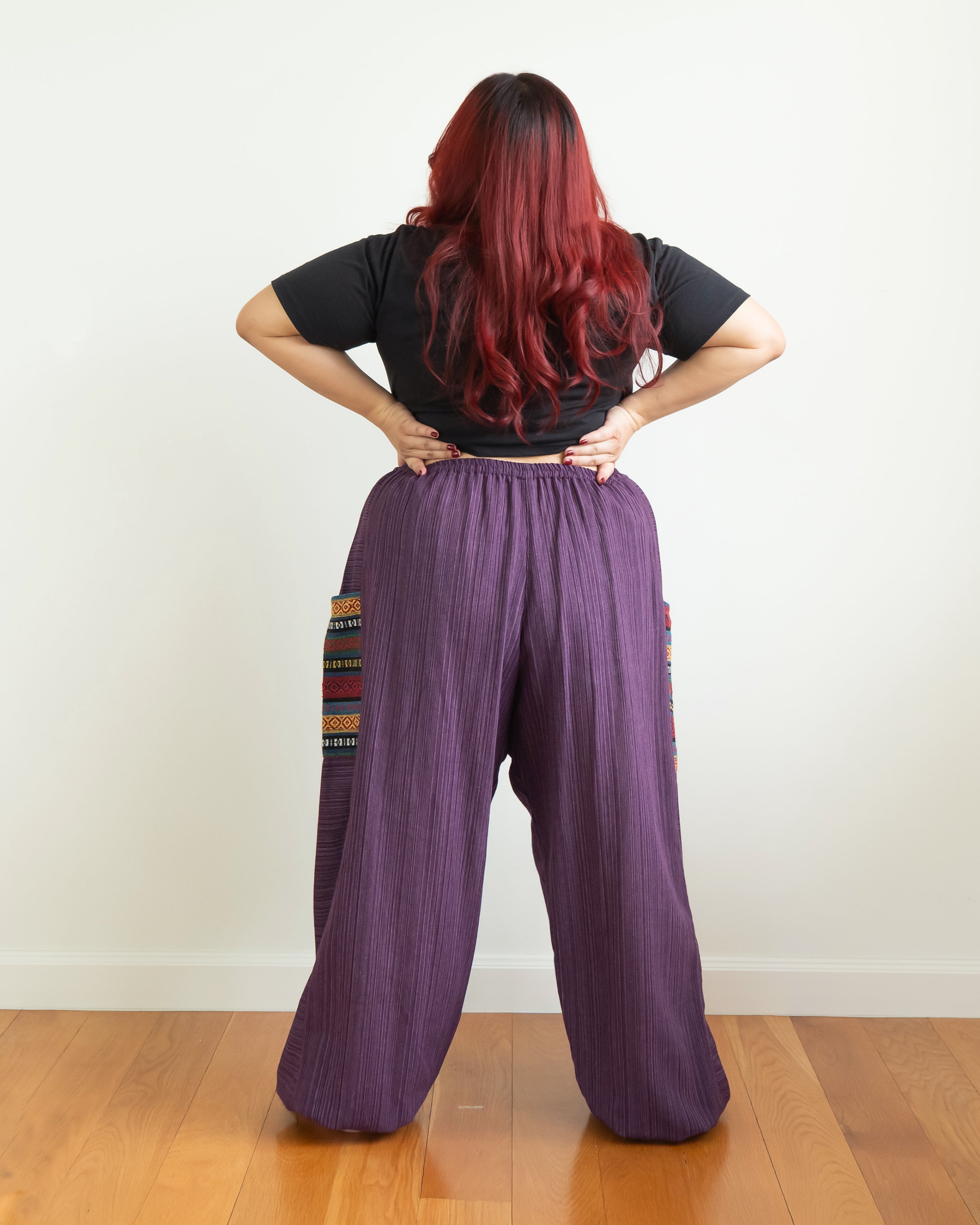 Plus Size Women's Drawstring Pinstripes Cotton Pants with Aztec Pocket in Purple