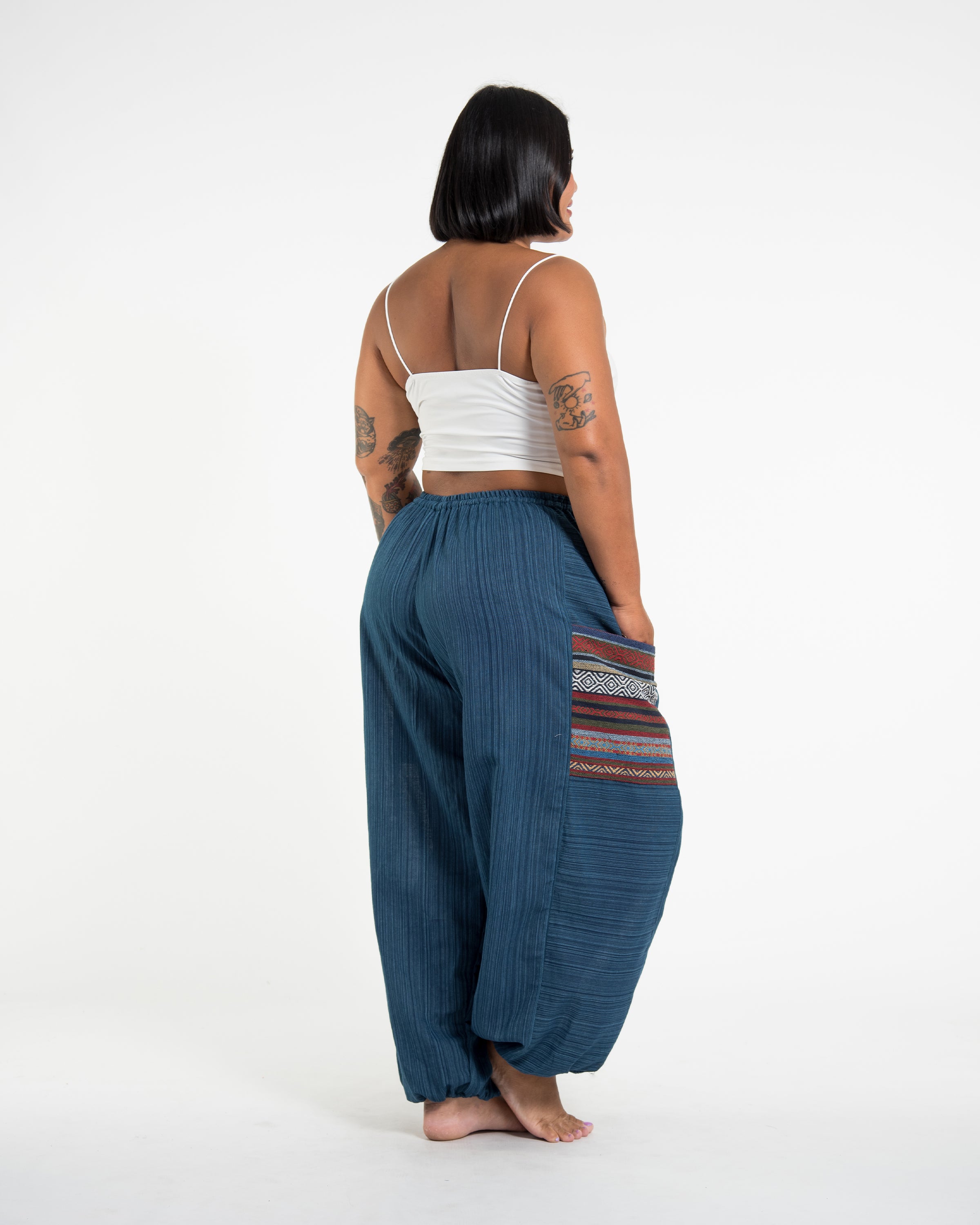 Plus Size Women's Drawstring Pinstripes Cotton Pants with Aztec Pocket in Turquoise