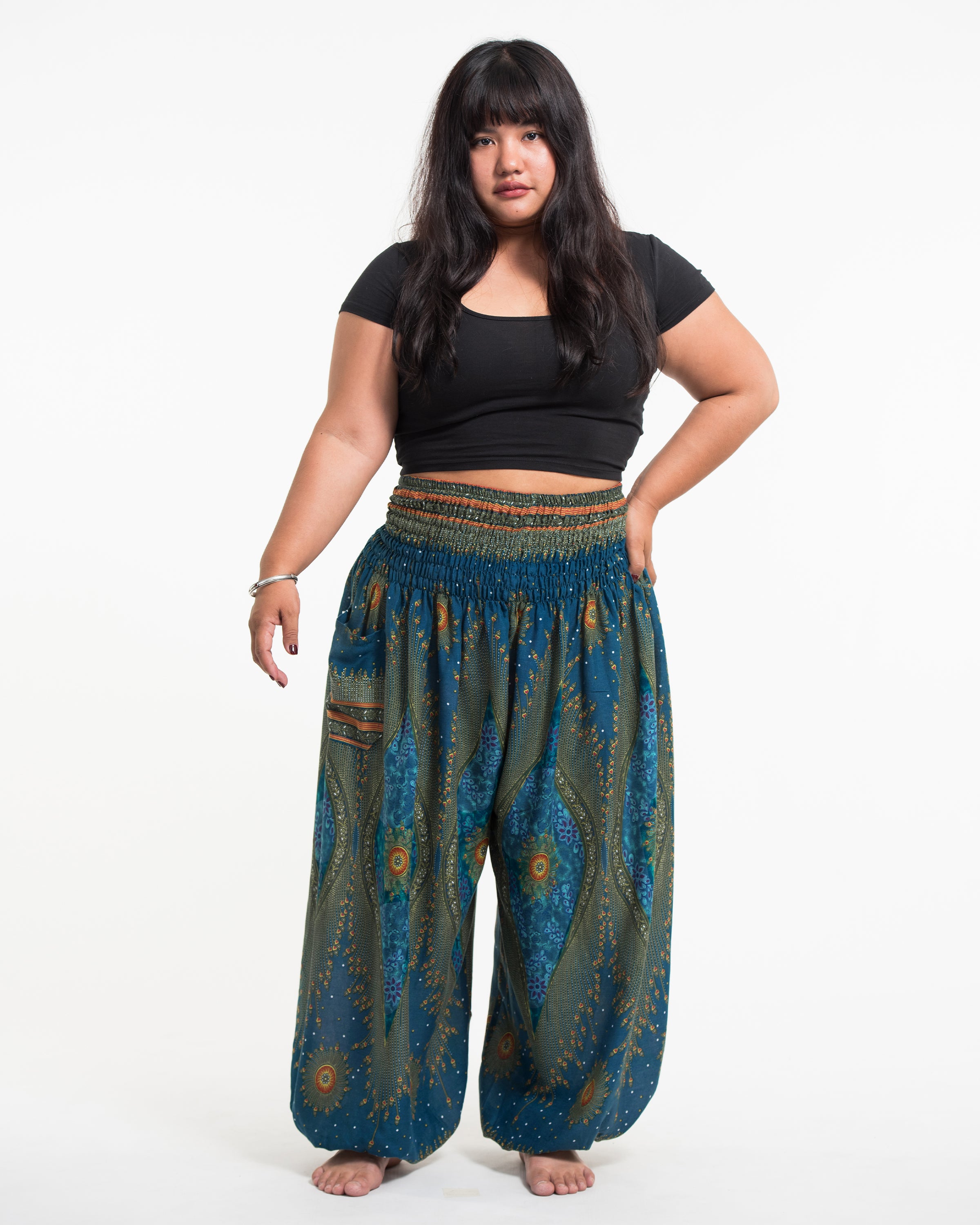Plus Size Peacock Eye Women's Harem Pants in Turquoise