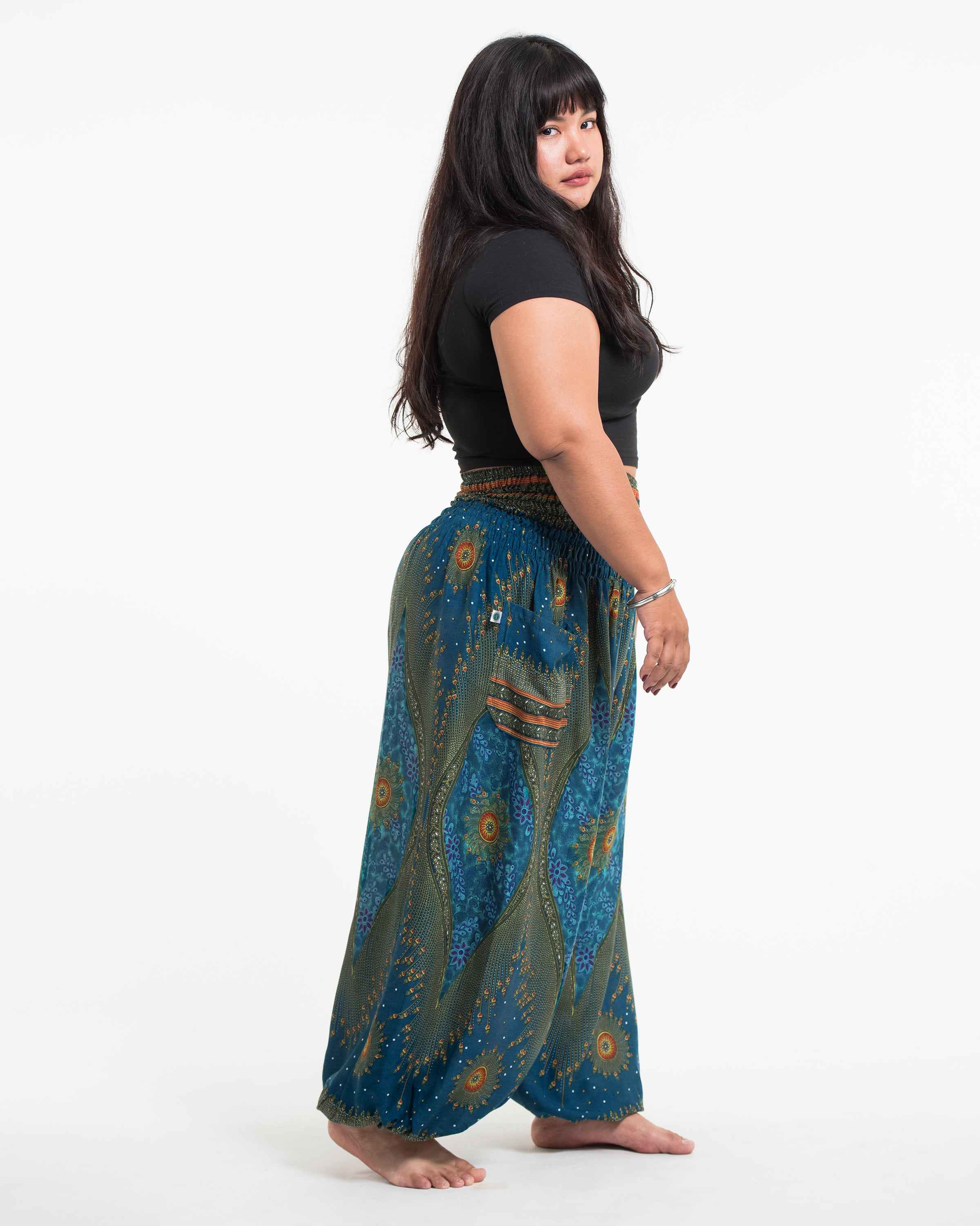 Plus Size Peacock Eye Women's Harem Pants in Turquoise
