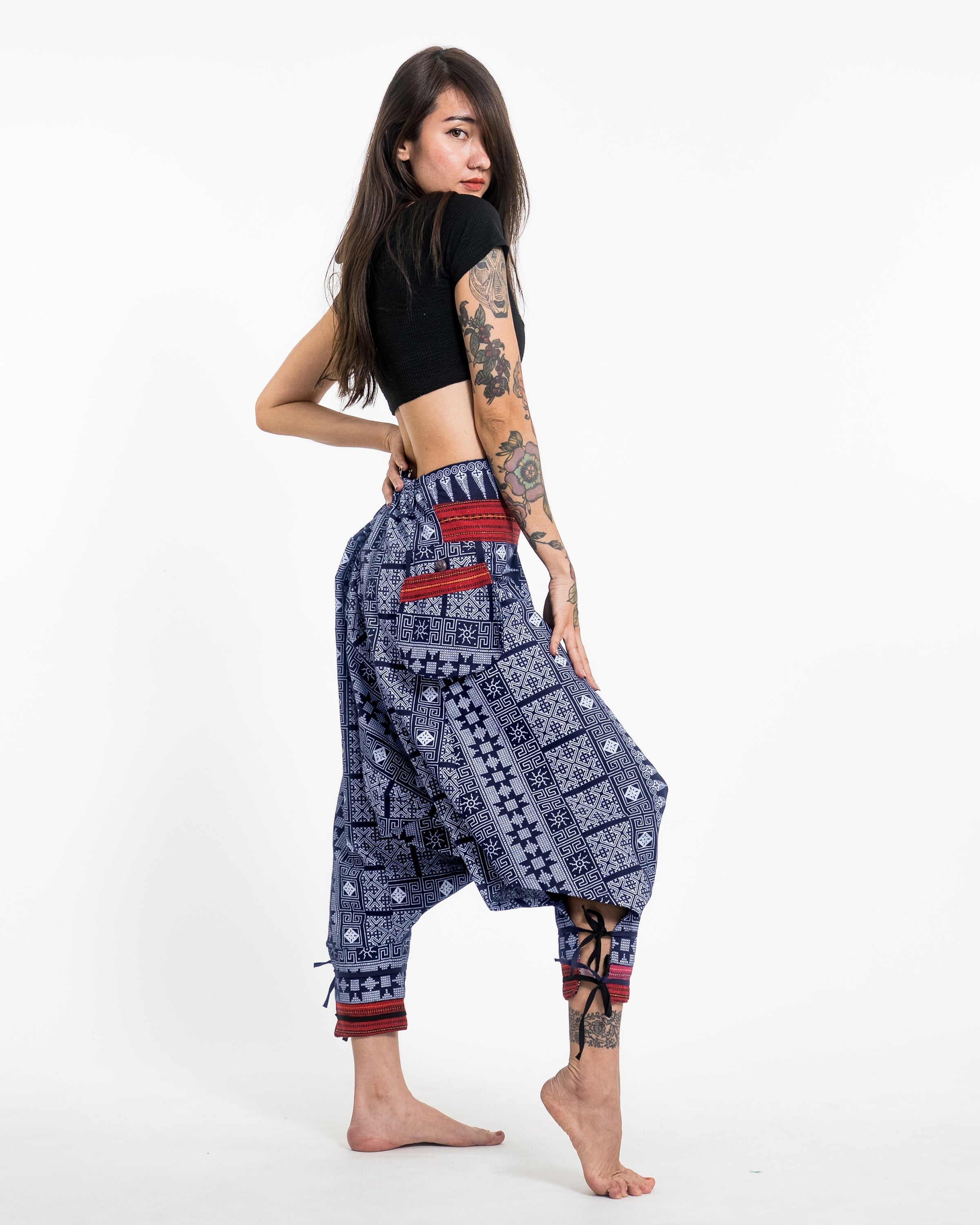 Traditional Prints Thai Hill Tribe Fabric Women's Harem Pants with Ankle Straps in Blue