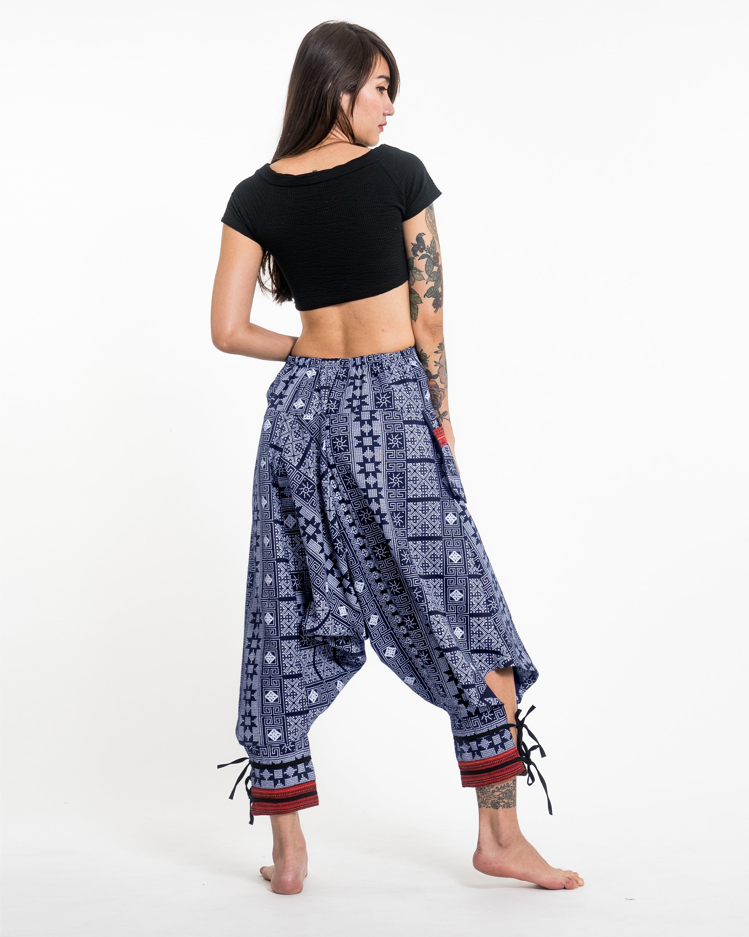 Traditional Prints Thai Hill Tribe Fabric Women's Harem Pants with Ankle Straps in Blue