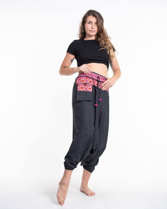 Pinstripe Cotton Low Cut Women's Harem Pants With Hill Tribe Trim Black
