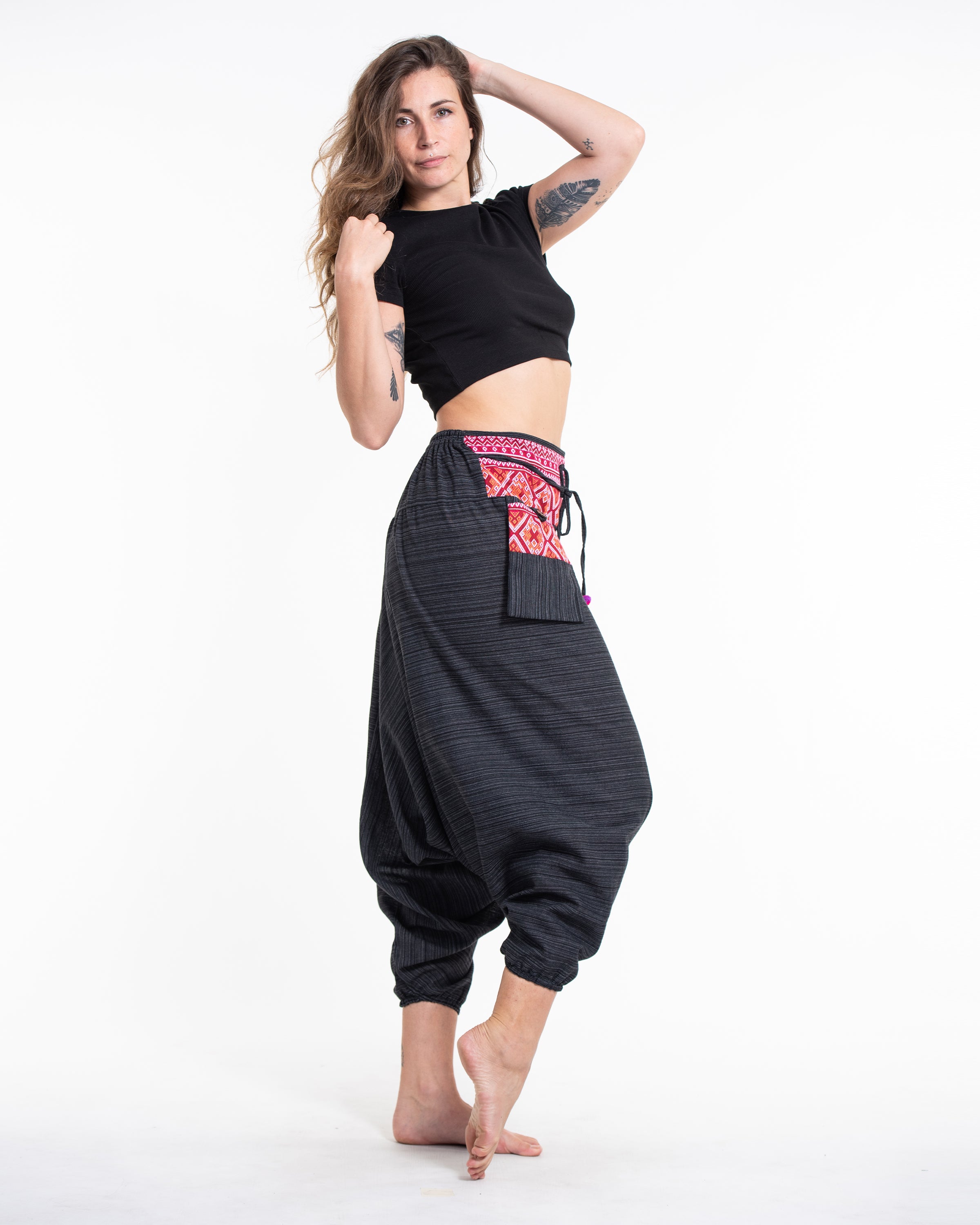 Pinstripe Cotton Low Cut Women's Harem Pants With Hill Tribe Trim Black