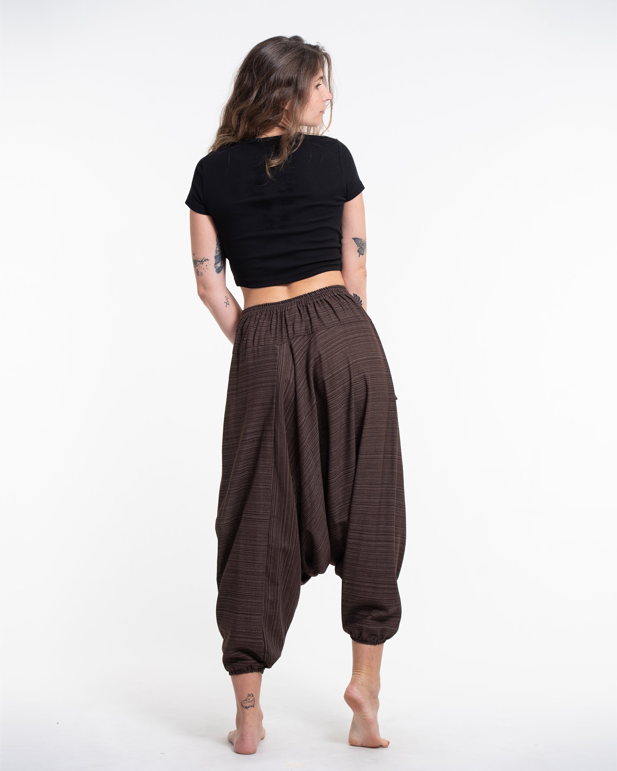 Pinstripe Cotton Low Cut Women's Harem Pants With Hill Tribe Trim Brown