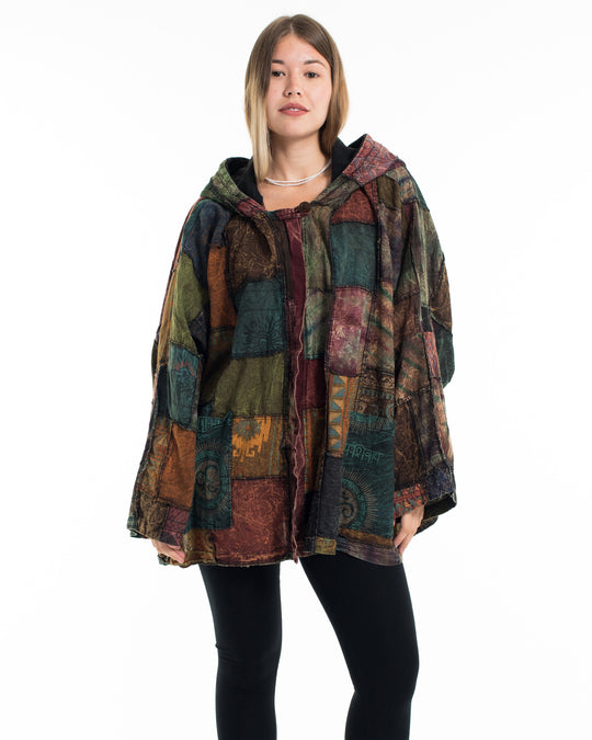 Patchwork Stonewash Hooded Jacket in Multi Brown