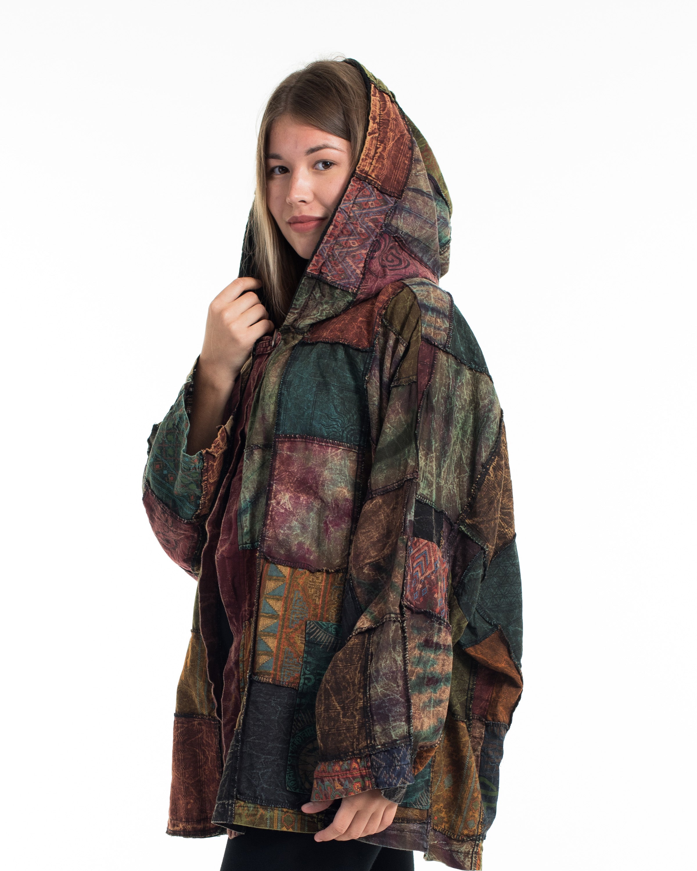 Patchwork Stonewash Hooded Jacket in Multi Brown