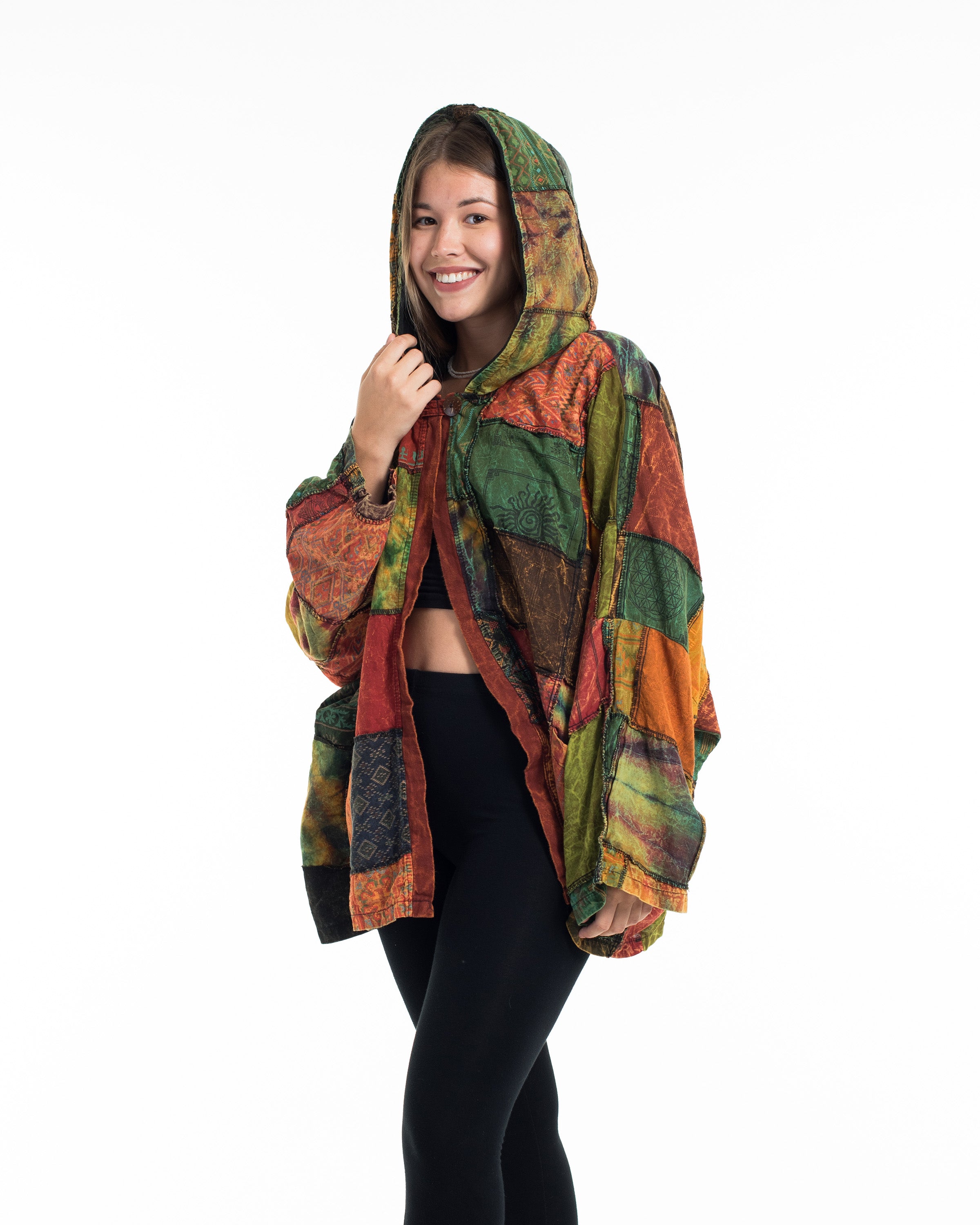 Patchwork Stonewash Hooded Jacket in Multi Orange