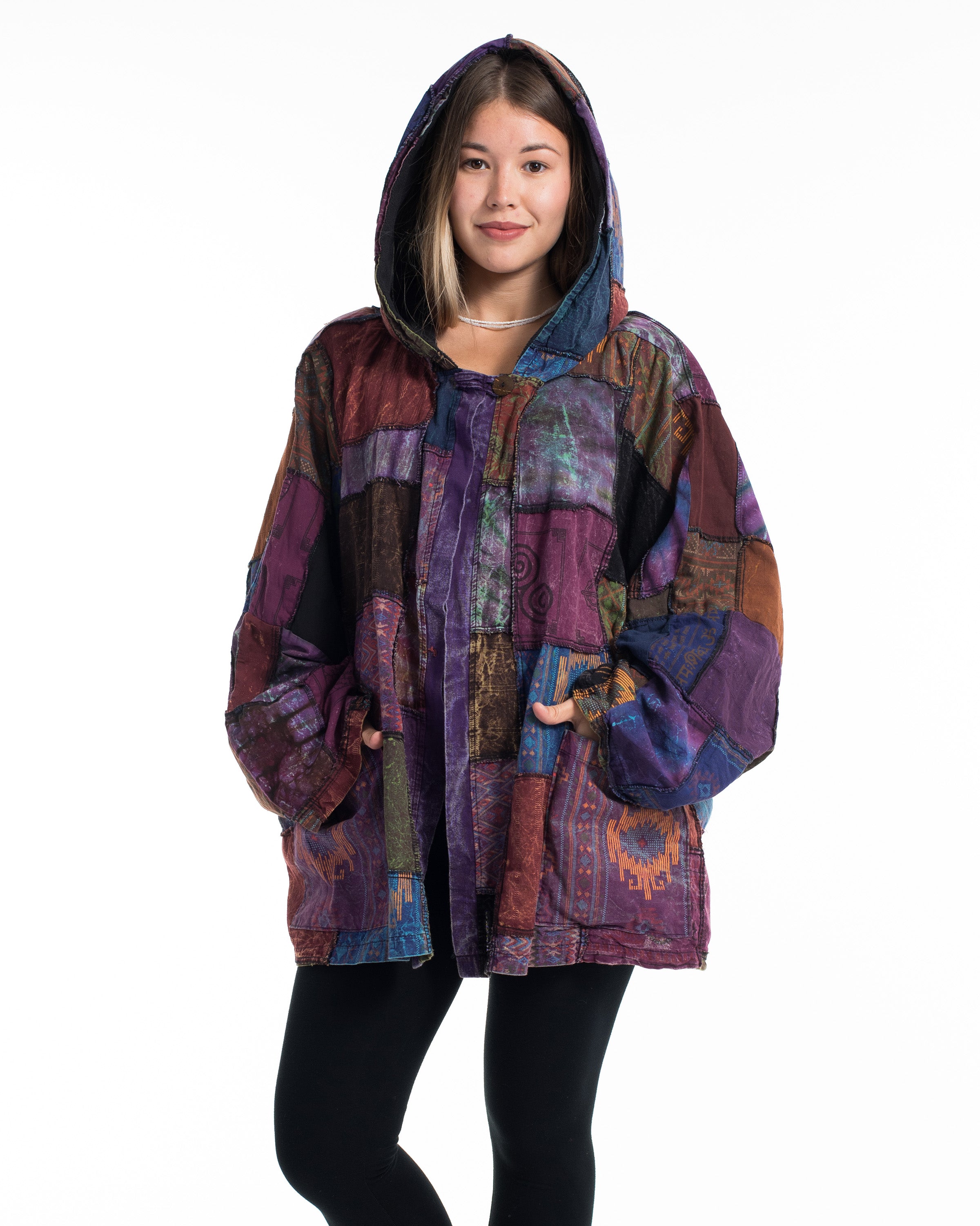 Patchwork Stonewash Hooded Jacket in Multi Purple