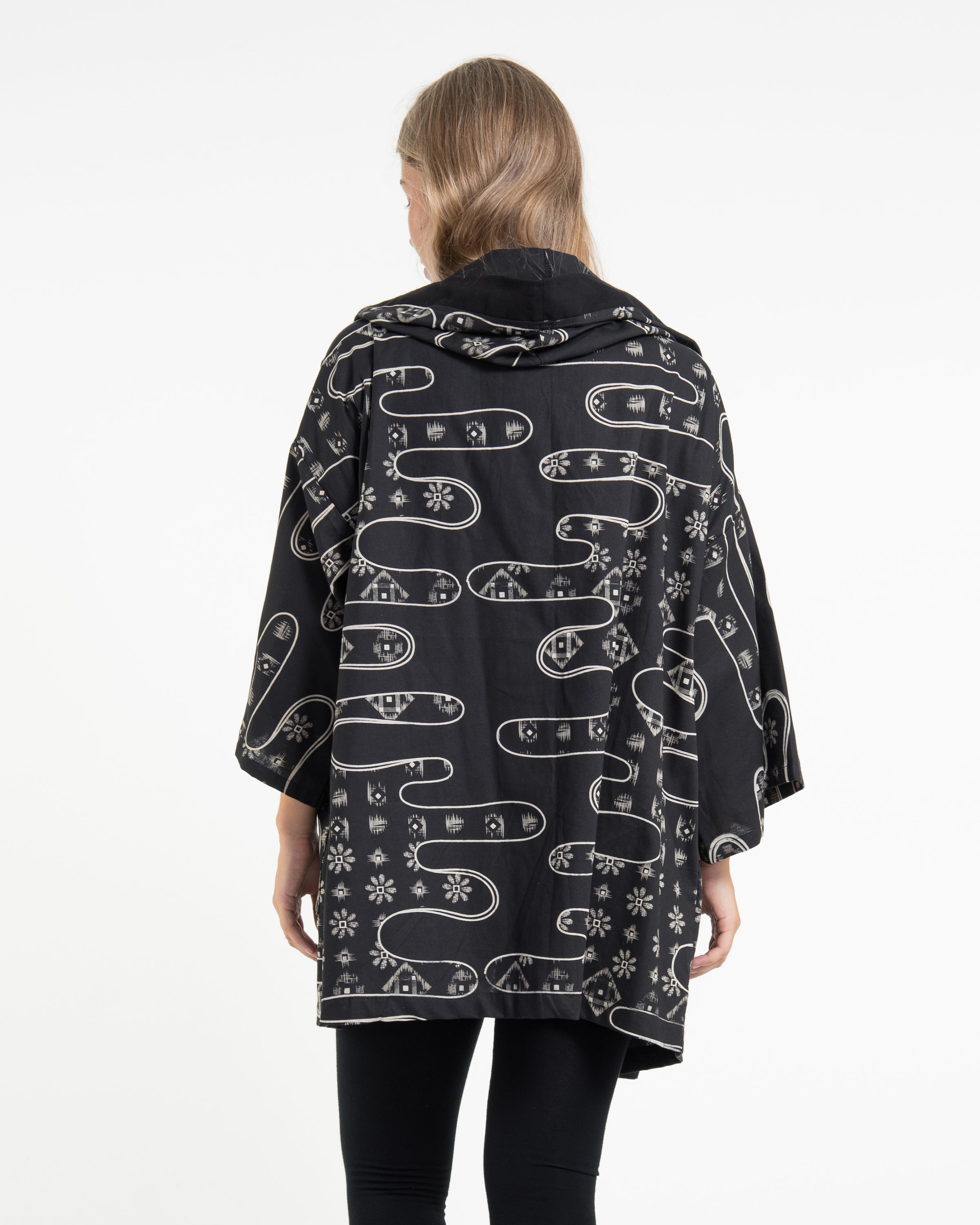 Japanese Print Cotton Hoodie Kimono Cardigan in Black