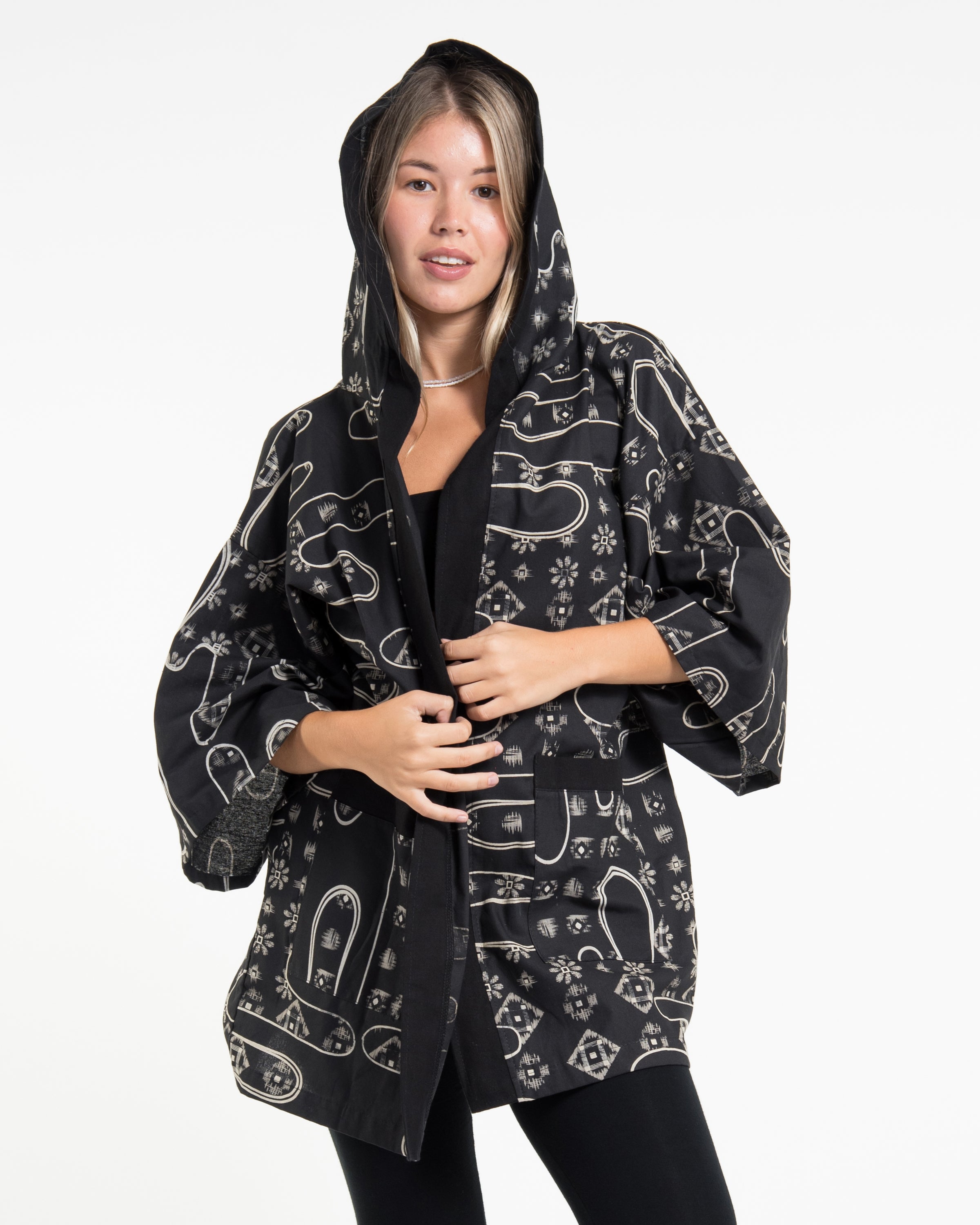 Japanese Print Cotton Hoodie Kimono Cardigan in Black