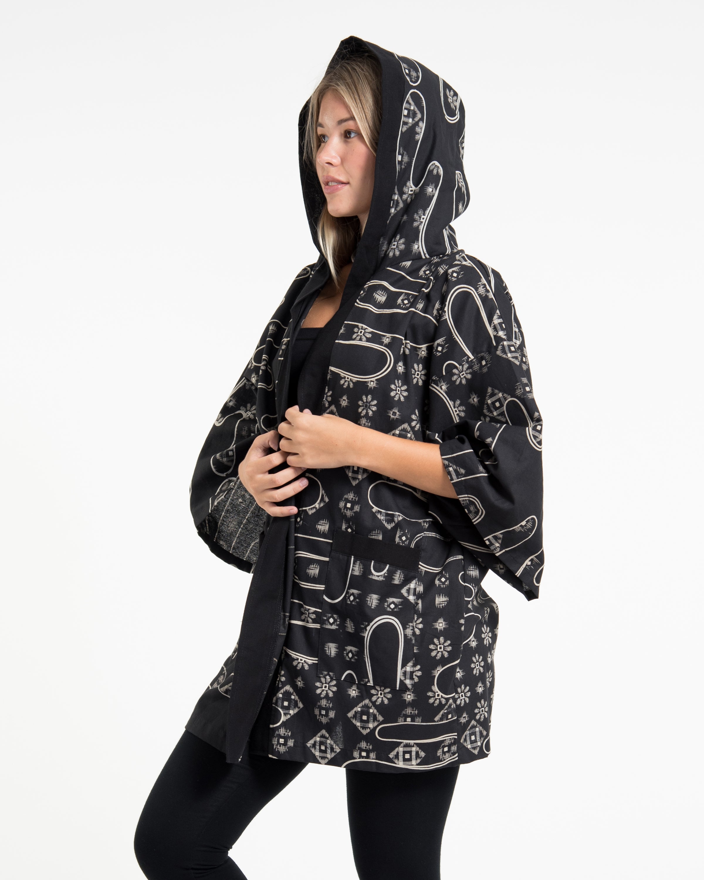 Japanese Print Cotton Hoodie Kimono Cardigan in Black