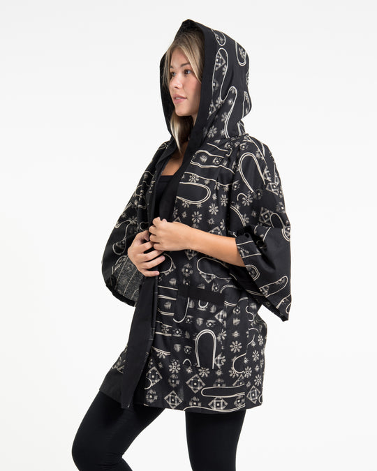 Japanese Print Cotton Hoodie Kimono Cardigan in Black