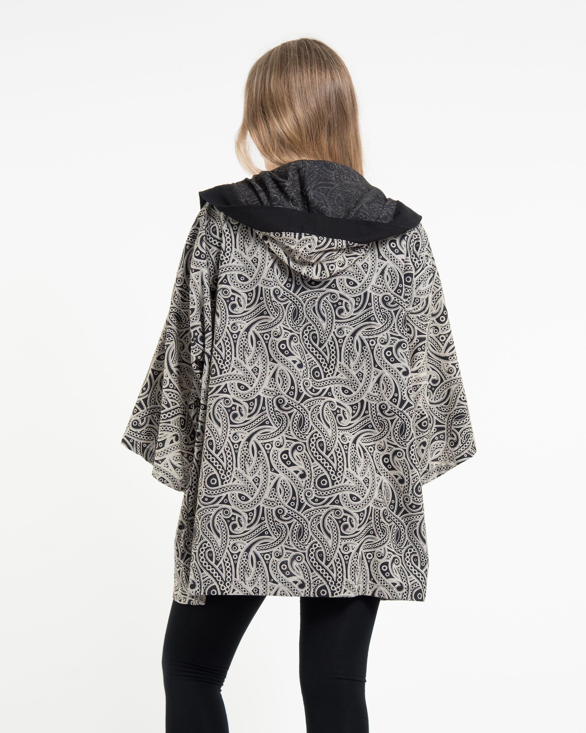 Paisley Print Cotton Hoodie Kimono Cardigan in Black