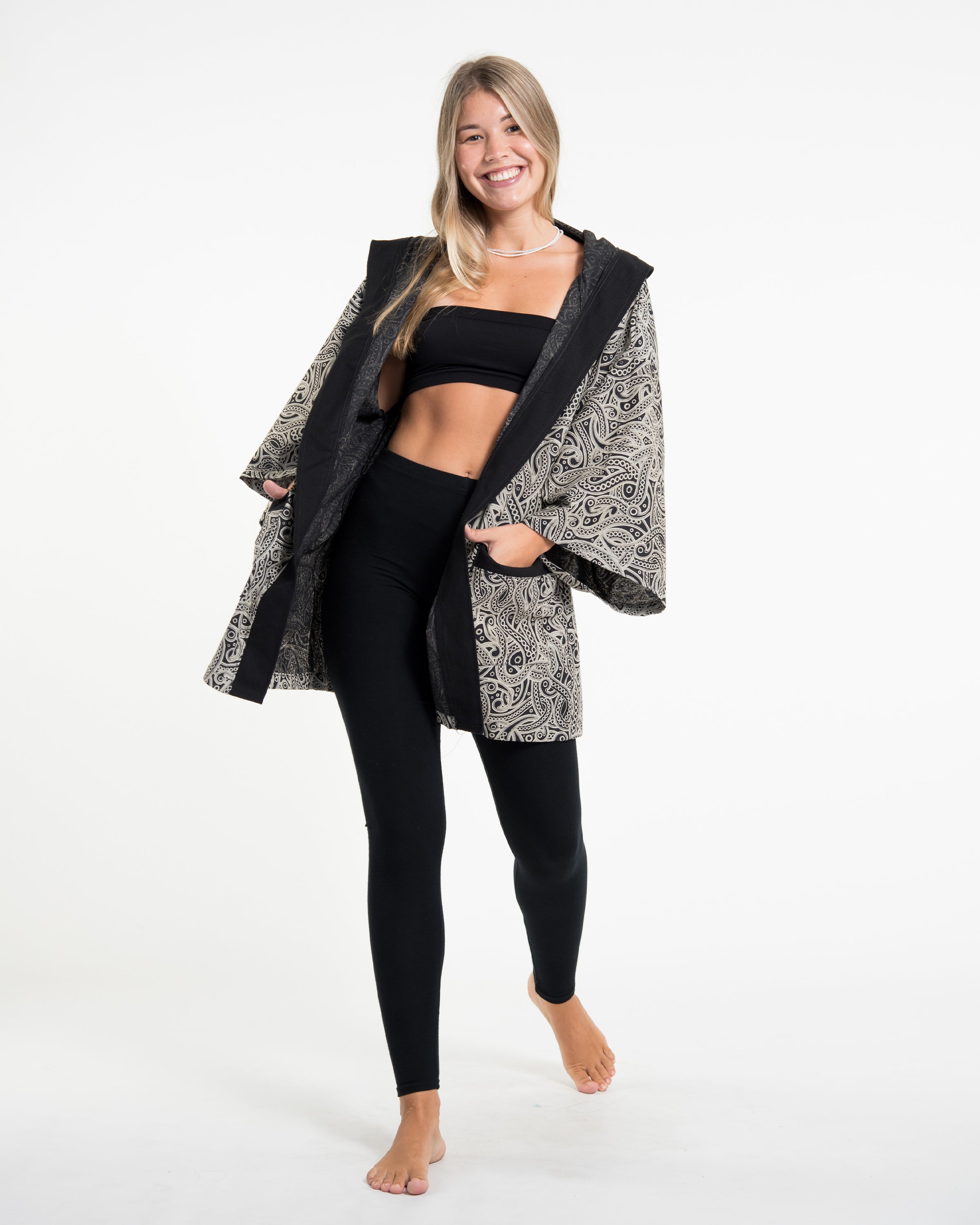 Paisley Print Cotton Hoodie Kimono Cardigan in Black