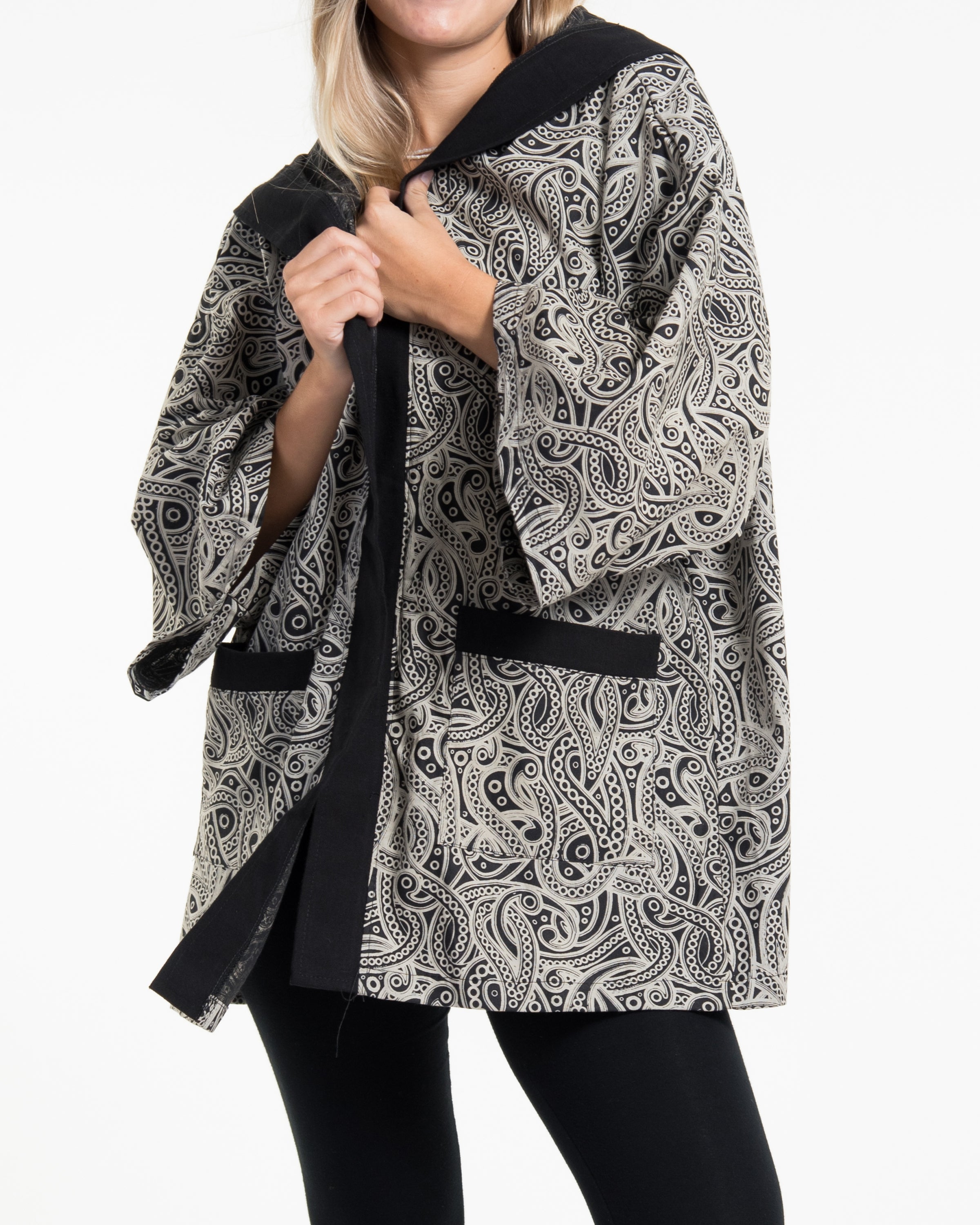 Paisley Print Cotton Hoodie Kimono Cardigan in Black