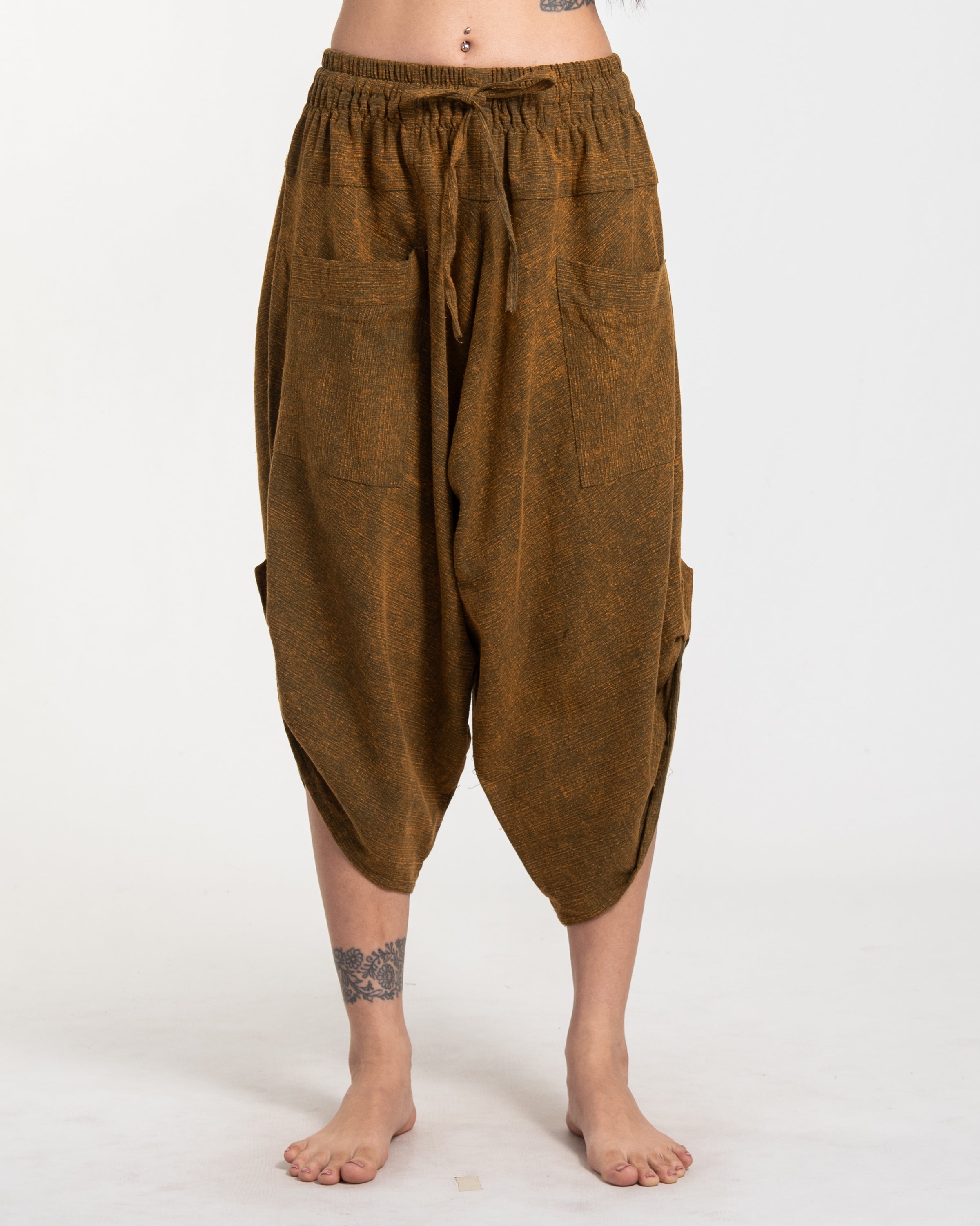 Stone Washed Large Pockets Women's Harem Pants in Brown Gold