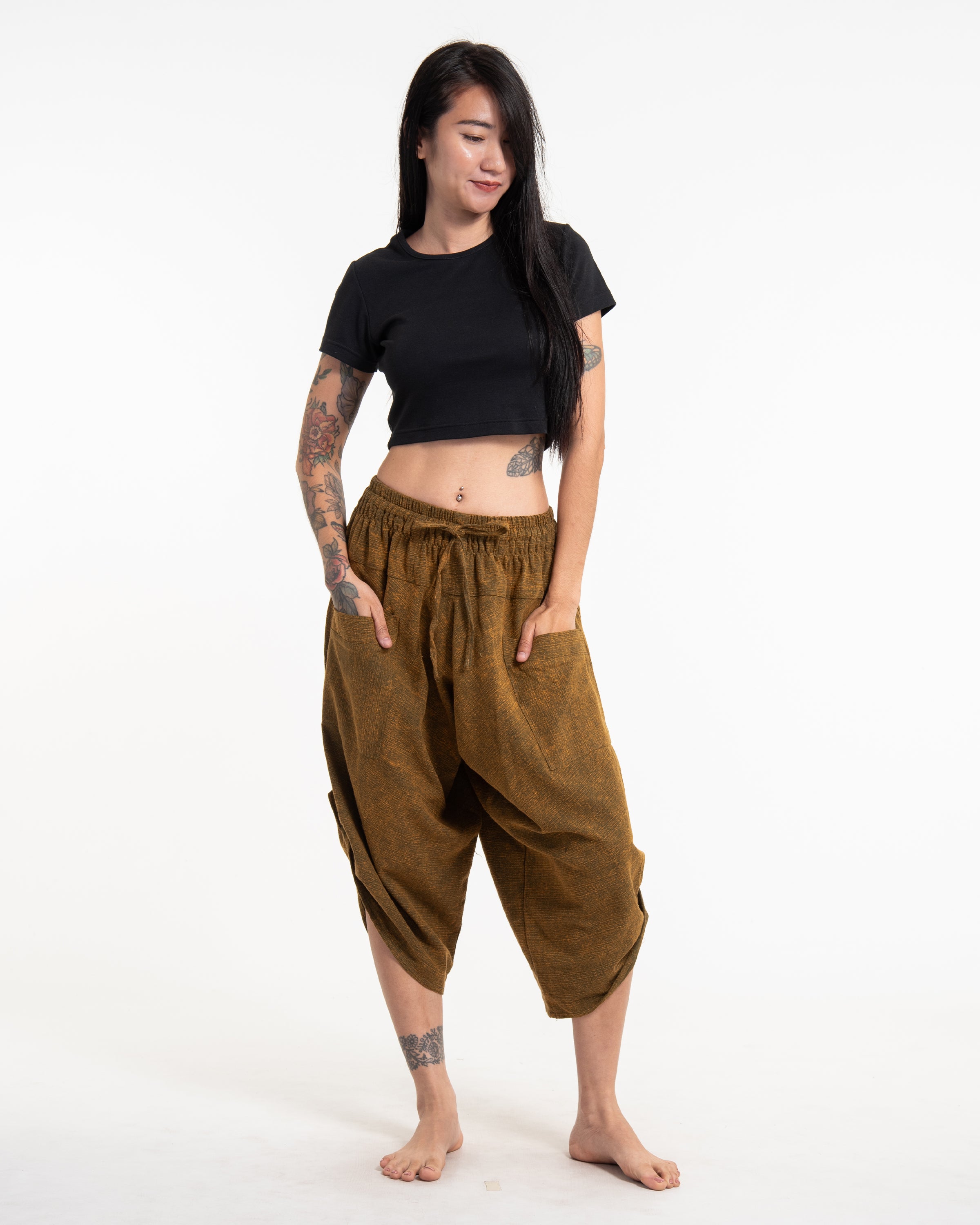 Stone Washed Large Pockets Women's Harem Pants in Brown Gold