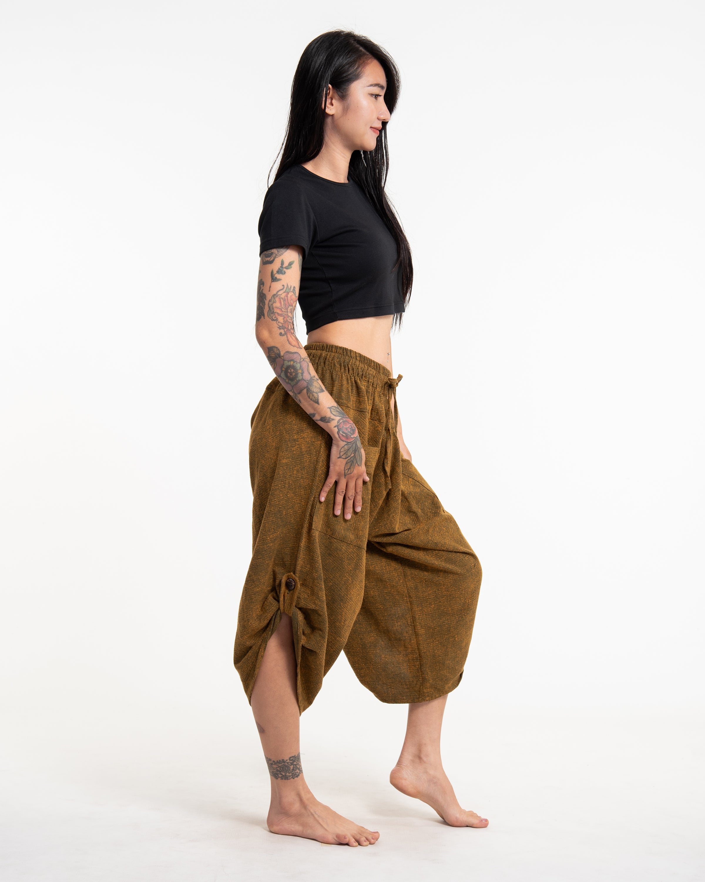 Stone Washed Large Pockets Women's Harem Pants in Brown Gold
